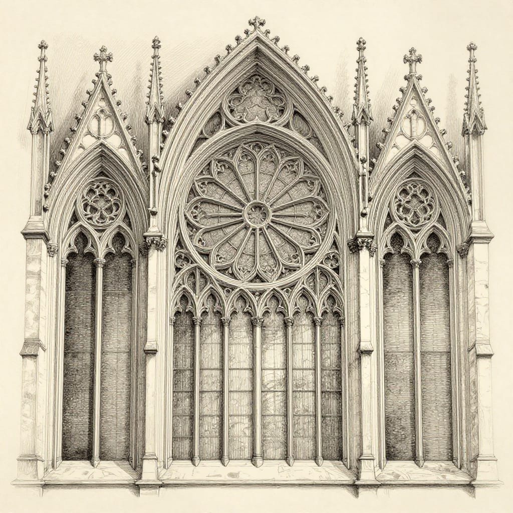 A highly detailed architectural drawing of a Gothic-style window rendered in precise ink or pen line work with a clear and sharp rendering on aged parchment paper. The composition features a large rose window at the center, flanked by intricate pointed arches and decorative tracery, all set within a symmetrical frame of columns and arches that emphasize verticality and upward aspiration. The artwork is characterized by a monochromatic color palette of varying gray tones, each shade meticulously graded to highlight the texture and depth of stonework, ribbed vaults, and ornamental details. The brushwork or line detail is extremely fine and deliberate, with intricate patterns of intersecting lines creating a sense of movement and complexity. The lighting is even and neutral, allowing the viewer to focus on the richness of line and form without distraction. The overall feeling evokes a sense of solemnity and reverence, capturing the grandeur and spiritual significance of Gothic architecture through its symmetrical balance, intricate detail, and upward-reaching design. The aged paper surface reveals subtle tonal variations and a slightly textured grain, enhancing the tactile quality of the drawing. The fine pen lines are crisp and precise, with minimal shading to maintain clarity while emphasizing the structural harmony and ornamental complexity of the design.