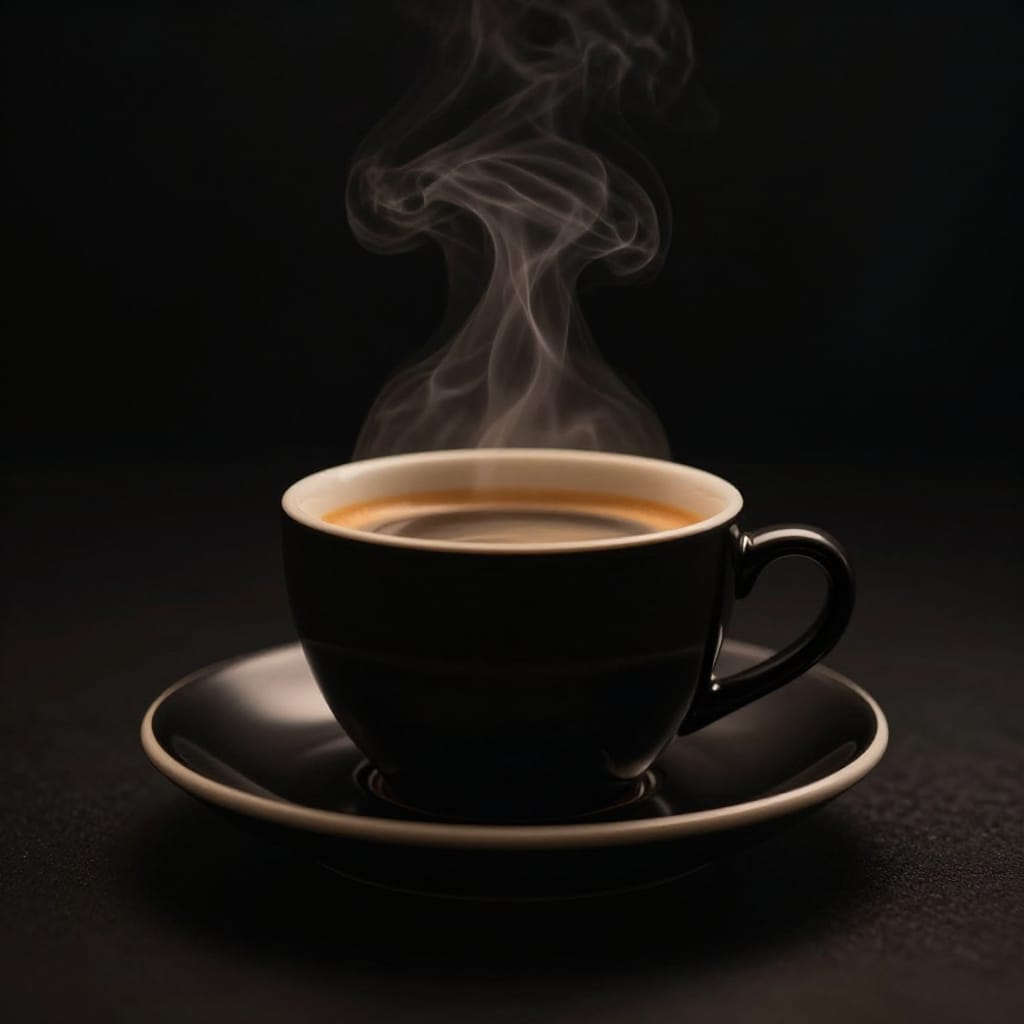 A close-up shot of a steaming black coffee cup resting on a matching black saucer, positioned centrally against a pitch-black background. The image is captured with a standard lens from a slightly elevated angle, emphasizing the warm, inviting light that highlights the smooth texture of the ceramic and the gentle rise of steam. The composition follows the rule of thirds, placing the cup slightly off-center to create dynamic balance. Artificial studio lighting bathes the scene in a soft, even glow that enhances the contrast between the dark backdrop and the rich, golden-brown tones of the coffee. The steam curls upward from the cup, adding subtle motion and life to the otherwise still image. The minimalistic setting, devoid of any additional objects or distractions, focuses entirely on the intimacy of the moment. The overall atmosphere is calm, serene, and deeply comforting, evoking a sense of quiet warmth and peaceful solitude. The image captures a fleeting instant of freshness and comfort, where simplicity meets warmth in perfect harmony.