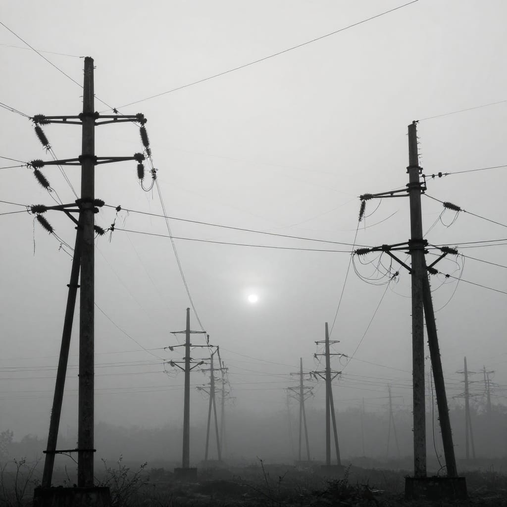 An overhead wide shot captures towering electrical poles rendered in black and white, their weathered metal surfaces and rusted textures emphasized by intricate networks of frayed, tangled wires stretching between them. The composition adheres to the rule of thirds with symmetrical balance, drawing the eye along intersecting lines that create a geometric grid across the frame. Diffused light from dawn or dusk bathes the scene in soft, even tones, highlighting subtle contrasts between shadowed poles and illuminated wire strands. A faint, distant sun or moon glimmers in the background, adding a quiet celestial touch to the otherwise desolate horizon. Thick fog softens edges, deepens the sense of isolation, and enhances the eerie stillness of the scene. The atmosphere is mist-laden, with fog clinging to poles and wires, creating a hazy, dreamlike quality. The overall mood is melancholic and somber, evoking quiet grandeur through stark geometry and industrial decay, all set against a vast, empty sky.