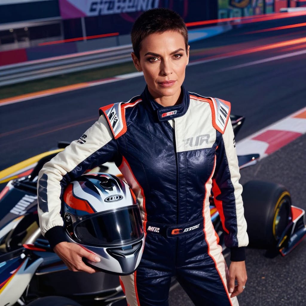 A highly detailed bird's-eye view fashion editorial photograph captures a 45-year-old Brazilian woman with short pixie cut hair and symmetrical eyes, positioned confidently in a sleek racing suit. She holds a race car helmet under her arm, ready for the start of the race. The scene is illuminated by soft, directional lighting that highlights her defined facial structure, smooth skin tone, and dynamic posture. The composition uses a wide-angle lens to emphasize the subject’s presence against a vibrant urban racetrack background filled with colorful signage and motion lines. The racing suit features bold, high-fashion cuts with reflective detailing, while the helmet’s metallic finish catches the light. The atmosphere is energetic and aspirational, blending timeless elegance with cutting-edge style. The image is rendered in professional editorial quality, with rich textures, precise lighting, and a cinematic feel that captures both the subject’s power and the thrill of competition.