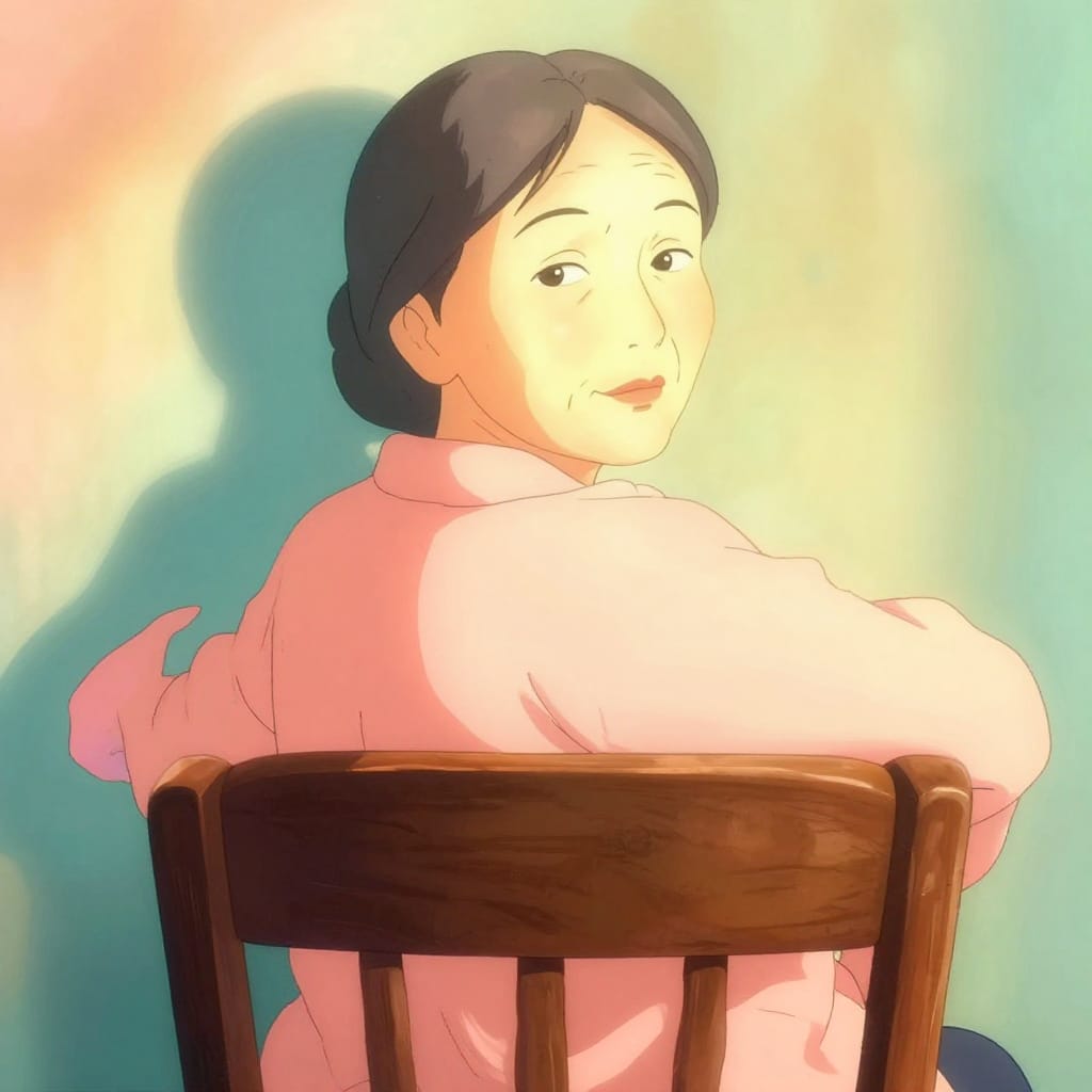 A reflection shot illustration in early-2000s anime hybrid cel/digital style, featuring a 50-year-old Kazakhstani woman with side-parted hair and slightly slanted eyes, seated backward in a wooden chair with the backrest in front of her looking directly at the camera. Her unbuttoned shirt reveals a relaxed posture and signs of a long day, with clean digital gradients defining her silhouettes. The scene is bathed in bright, saturated colors—warm peach skin tones, golden highlights on her face, deep brown wood, and soft teal reflections. A crisp character silhouette emphasizes her form against the background. The composition balances her relaxed posture with the chair’s organic texture, while the lens captures a smooth, cinematic depth with minimal distortion. The atmosphere is warm, nostalgic, and tender, evoking quiet dignity and a sense of lived experience.