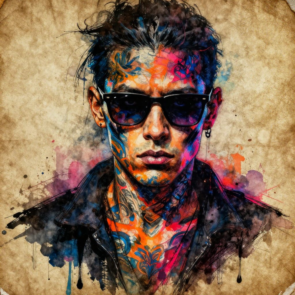 A gritty urban portrait of a person with intricate tattoos covering their face and neck, rendered on aged paper with visible grain and texture. The subject wears dark clothing and sunglasses that frame a sharp, mysterious gaze, eyes reflecting intense focus. The artistic style combines bold ink lines with expressive watercolor splashes—vivid electric blue, neon pink, and fiery orange bursting against deep blacks and earth tones. The composition centers the face and upper body slightly off-center to convey movement and intensity. Natural side lighting creates deep shadows and luminous highlights, emphasizing textured skin and rugged features. The brushwork is dynamic, with thick strokes and drips suggesting spontaneity and raw energy. The surface is textured paper with subtle imperfections, enhancing tactile depth. The overall feeling is one of rebellious self-expression, bold individuality, and unapologetic artistic freedom.