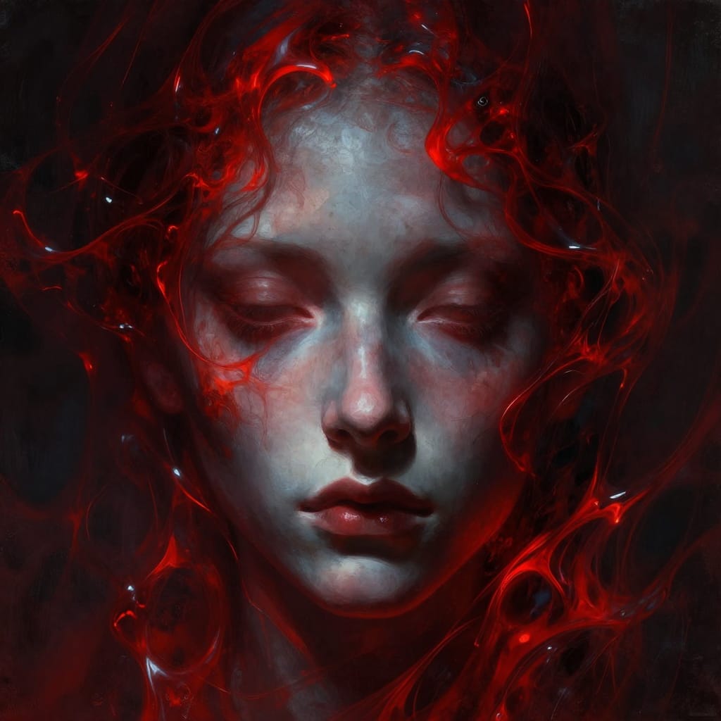 A digital painting of a close-up face rendered in abstract surrealism with fine brushwork creating intricate texture and movement. The subject is a pale, shadowed face centered in the frame, its features softly defined by deep contrast and subtle imperfections, such as faint freckles and uneven skin tones that suggest age and depth. Surrounding it are swirling, glossy red elements that flow like liquid fire, their translucent surfaces catching light to create a shimmering effect of refracted heat and motion. The background is an undefined void of dark gray and black, enhancing the sense of isolation and mystery. Low lighting from a focused spotlight illuminates the face, casting deep shadows that emphasize its ethereal presence and create a chiaroscuro contrast. The color palette consists of rich reds (vibrant, glowing), deep blacks, and cool grays, with the red elements glowing softly against the dark expanse. The composition is tight and intimate, drawing the viewer into a moment of eerie intensity where the face and its crimson surroundings exist in a fragile, dreamlike balance. The digital brushwork mimics hand-drawn texture with layered glazes and fine linear strokes, blending realism with symbolic abstraction for a haunting visual harmony.