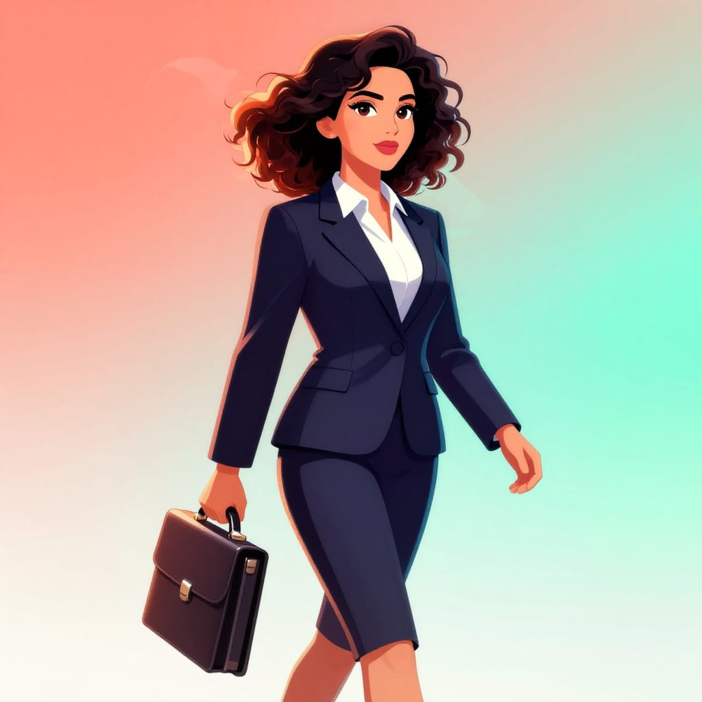 Three-quarter shot illustration of a 35-year-old Kuwaiti woman with loose curly Afro hair and prominent eyes, captured in early-2000s anime hybrid cel/digital style with bright saturated colors. The subject walks briskly forward, her business suit sharply defined against a clean digital gradient backdrop. Her briefcase is mid-stride, its metallic sheen catching light as she moves with purpose. Composition centers on her from the shoulder down, with crisp character silhouettes emphasizing form and movement. Lighting is bright and directional, creating strong highlights on her hair and face while casting soft shadows that add dimension. The background features a soft gradient of warm coral to cool teal, enhancing depth without distraction. Atmospheric effects include a gentle breeze lifting her hair, a subtle haze in the distance, and crisp digital gradients in the fabric textures. The hybrid cel/digital look combines vector-like edges with smooth, painterly textures for a balanced aesthetic. The overall mood is vibrant, energetic, and professionally confident.