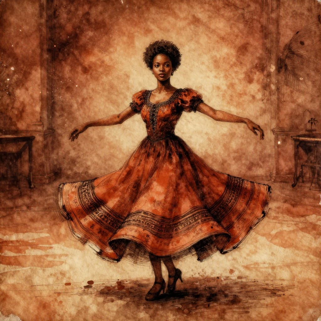 A hand-drawn ink-and-watercolor artwork on textured paper, capturing a 25-year-old Haitian woman with short curly pixie hair and expressive round eyes twirling in a vintage dress that flares outward in the middle of an empty dance hall. The composition is dynamic yet serene, with the subject centered against a softly lit, atmospheric backdrop of dimly lit walls and scattered dust motes. The hand-drawn aesthetic features bold ink strokes for the dress's intricate detailing and flowing fabric, layered with delicate watercolor washes that create soft gradients and uneven textures across the paper. Subtle ink bleed and splatter add organic imperfection, enhancing the tactile quality of the surface. Warm antiqued color palette dominates: deep ochre, burnt sienna, and rich terracotta tones with hints of rust and faded maroon, evoking a nostalgic, timeless feel. The lighting is soft and diffused, casting gentle highlights on her face and dress while leaving deep shadows in the corners, amplifying the mood of quiet elegance and quiet joy. The overall artistic feeling is warm, intimate, and deeply resonant—a celebration of Haitian heritage and timeless beauty.