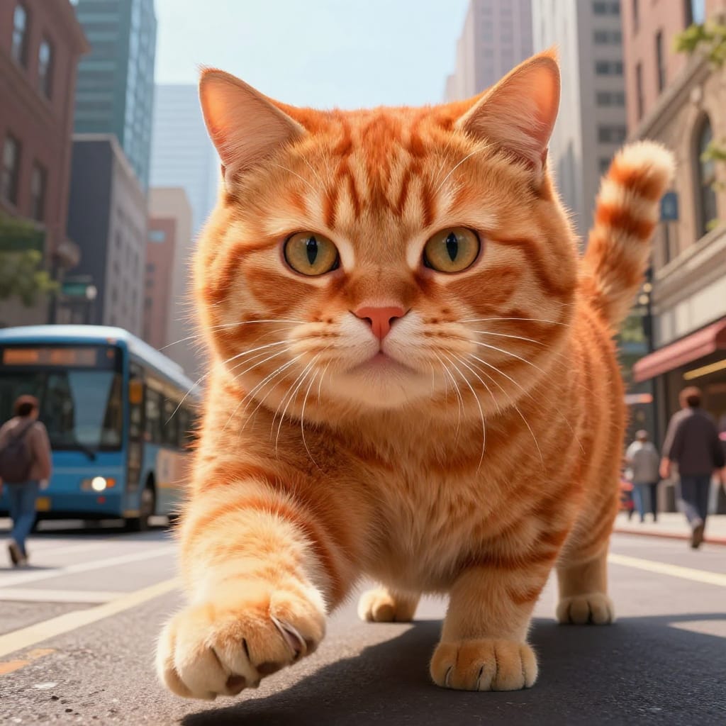 A colossal orange tabby cat, rendered with hyper-detailed fur texture and lifelike realism, superimposed onto a bustling city street scene. The cat occupies the foreground, its massive paw extending toward the viewer, creating a sense of invasion and playful absurdity. The background features a row of buildings under bright sunlight, a passing bus, and pedestrians, all rendered with photographic precision. The cat’s fur is richly textured, with subtle shading that mimics natural light, while its wide eyes and expressive ears convey a curious, mischievous demeanor. The lighting is warm and directional, casting soft shadows that enhance depth and dimensionality. The color palette features a dominant orange hue for the cat, contrasting with the cool blue of the bus and the muted greens of the buildings, creating a vivid yet harmonious interplay of tones. The composition balances the cat’s imposing presence with the intricate details of the urban environment, evoking a whimsical, surreal atmosphere where a feline becomes both predator and wonder in a city of human scale. The artwork is created in high-resolution digital illustration on a polished canvas surface, utilizing precise digital brushwork and layered textures to achieve maximum visual depth and realism.