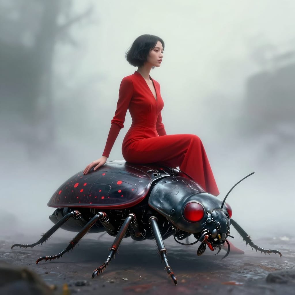 A strikingly detailed digital artwork depicting a human figure in a vibrant red outfit seated atop a sleek, cybernetic mechanical ladybug. The ladybug features a dark black exoskeleton with red circular eyes and smaller red spots, along with intricate mechanical legs and antenna-like appendages. The figure is positioned centrally, its red attire contrasting sharply with the ladybug's metallic form. The composition draws the eye to the lower portion of the frame where the ladybug dominates, while the blurred, atmospheric background enhances depth and mystery. Soft, diffused lighting creates a gentle glow around the subject, simulating a misty or foggy atmosphere that adds to the enigmatic quality. The digital canvas is flat but rendered with subtle texture for organic depth, emphasizing high detail in the mechanical components and smooth gradients in the red clothing. The cyberpunk aesthetic is defined by futuristic technology fused with natural form, evoking a sense of wonder and mystery through its fusion of organic grace and mechanical precision. The overall feeling is one of awe and fascination, where the familiar meets the extraordinary in a visually arresting moment.