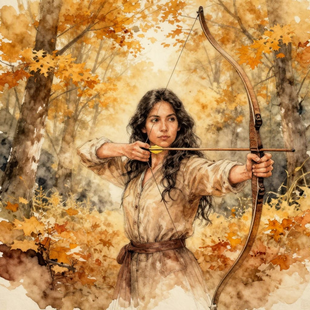 A hand-drawn ink-and-watercolor portrait of a 25-year-old Chilean woman with long twintails and deep-set eyes, posed in an archer’s outfit drawing a bow in a serene autumn forest. The composition centers her in the foreground, hands steady as she draws the bowstring, while the background features a dense canopy of golden maple leaves, crisp autumn foliage, and a soft, diffused sky. The surface is textured paper grain with visible ink bleed and splatter, creating organic imperfections. A warm antiqued color palette of ochre, burnt umber, and soft terracotta tones dominates, enhanced by soft gradients and uneven washes that lend depth and movement. The lighting is golden and diffused, casting gentle highlights on her hair and skin, while subtle shadows define form. The overall artistic feeling is contemplative, serene, and deeply rooted in nature’s quiet beauty, evoking a sense of quiet strength and timeless grace.