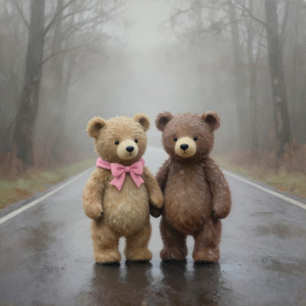 An oil painting on aged paper captures two teddy bears standing side by side on a fog-drenched, rain-slick road in a quiet forest. The bears are rendered with minimal brushwork: soft, blended strokes define their woolen forms, their hands clasped in silent companionship. One bear wears a soft pink bow, while the other is unadorned, their fur slightly damp from morning dew. The road stretches horizontally across the frame, its surface reflecting the diffused, soft light of an overcast sky with gentle glimmers of rain. The surrounding trees dissolve into a hazy backdrop of muted grays and browns, their forms softened by thick fog that obscures details and creates a dreamlike, surrealistic atmosphere. The composition centers the bears, guiding the eye through the fog into the forest where a single distant tree adds quiet isolation. Minimal brushwork emphasizes form and texture without distraction, while the cool color palette—muted browns, grays, and soft pinks—harmonizes to evoke a somber yet tender mood. The overall feeling is one of quiet companionship amid solitude, a fragile moment of connection caught in time and fog.