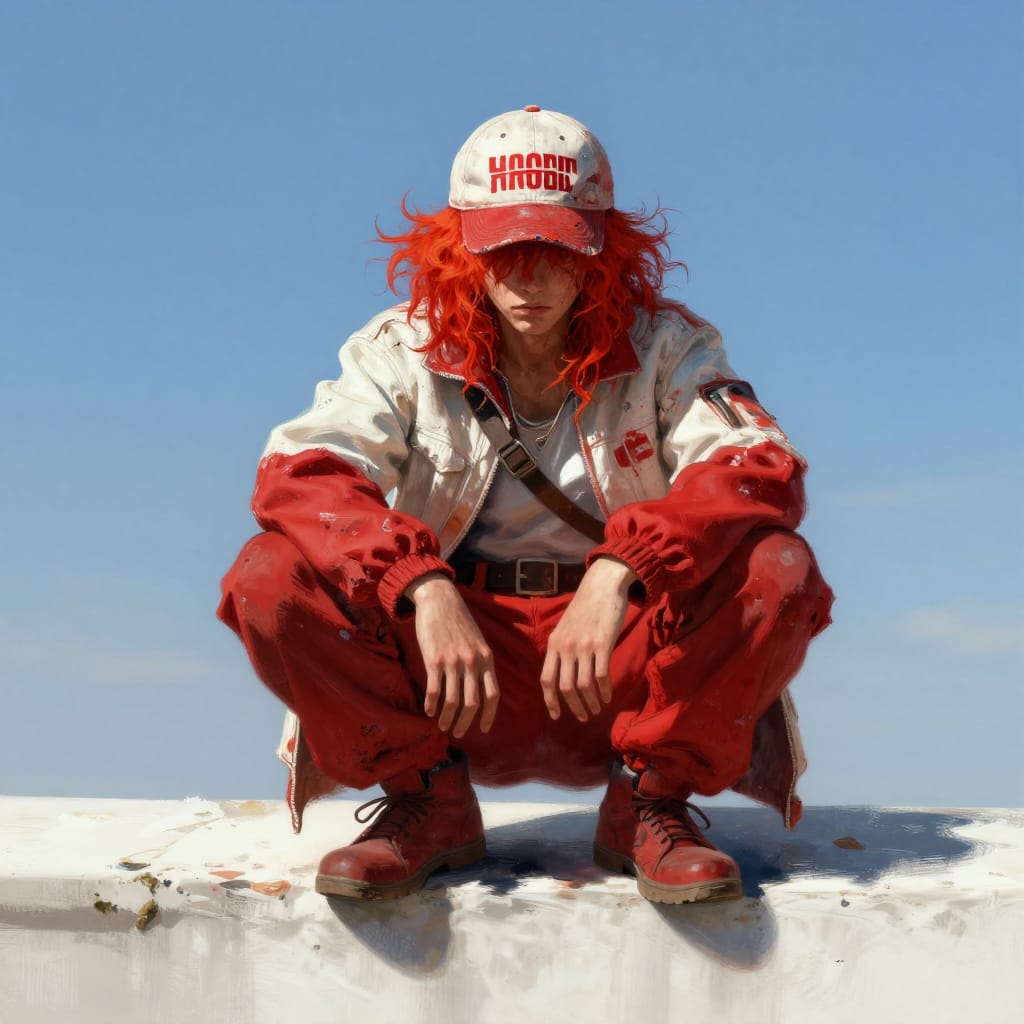 A gritty, realistic digital painting of a rugged figure with fiery red hair and a weathered post-apocalyptic wardrobe, rendered in vivid detail on a textured digital canvas. The subject is centered in the foreground, squatting on a clean white ledge that stretches into the midground, creating a stark contrast with the vast, calm blue sky above. The figure wears a white jacket with red sleeves, red pants, red sneakers, and a white cap featuring bold red text; a brown strap belt with a buckled buckle completes the look. The composition is tightly focused on the subject, with the background sky providing a serene, expansive contrast to the earthy textures of the ledge. Natural daylight bathes the scene evenly, casting soft, directional shadows that emphasize the fabric weave, hair strands, and subtle environmental details like scattered debris and worn textures. The brushwork is painterly and expressive, with visible strokes in the fabric’s weave, the fiery red hair’s volume, and the grain of the weathered clothing. The color palette features cool blues of the sky against warm reds and whites of the wardrobe, creating a harmonious yet dynamic contrast that amplifies the sense of quiet resilience and enduring strength. The overall feeling is one of serene survival, where the simplicity of the moment speaks to enduring strength in a vast, open world.
