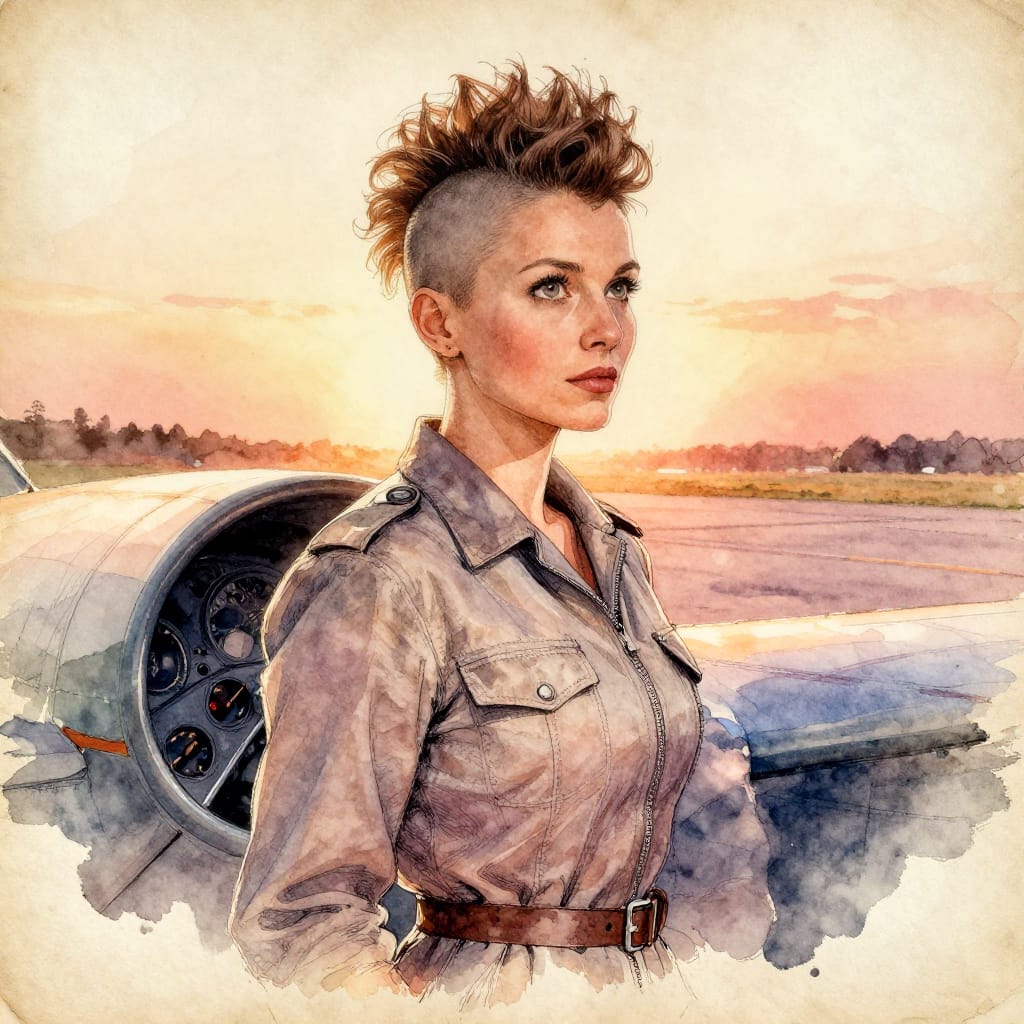 A hand-drawn ink-and-watercolor counter profile shot of a 35-year-old Georgian woman with tousled Mohawk hair and large, expressive round eyes, leaning against a vintage airplane cockpit. Her pilot’s uniform features crisp fabric folds and subtle stitching, rendered in delicate ink lines with watercolor washes that blend into soft gradients. The scene is set on a sunlit runway at sunset, with warm antiqued tones of amber, ochre, and dusty rose dominating the palette. Textured paper grain adds tactile depth, while ink bleed and controlled splatter create organic imperfections, enhancing the handcrafted feel. Soft, directional lighting from behind highlights her profile and the aircraft’s silhouette, casting gentle shadows that define form without harshness. The composition balances intimate detail with atmospheric space, evoking a quiet moment of quiet dignity and timeless elegance through a blend of expressive ink, watercolor flow, and aged paper texture.
