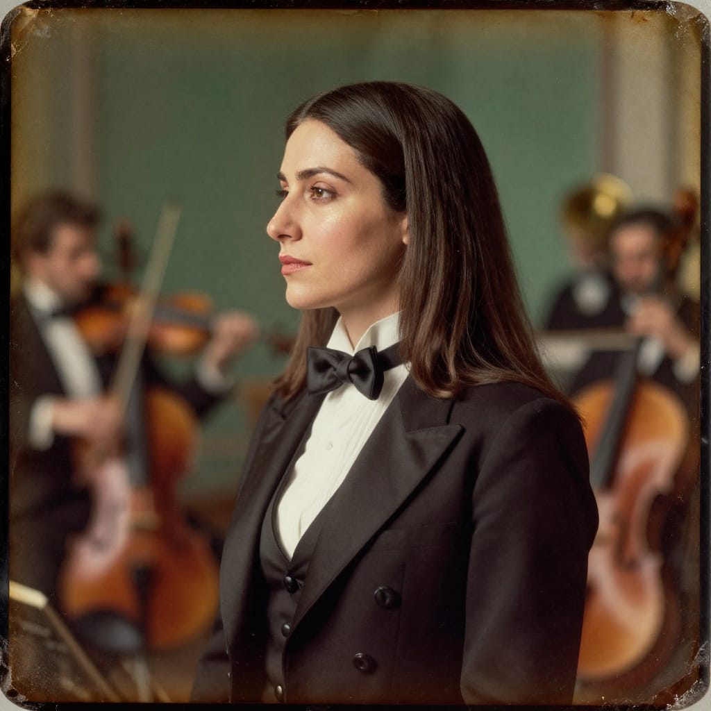 Profile Shot of a 35-year-old Libyan woman with long, straight, middle-parted hair and slightly slanted eyes, captured in an 1800s photographic plate using epia daguerreotype style. The subject wears a richly tailored conductor’s tuxedo with a single-breasted jacket, a black bow tie, and a matching waistcoat, its fabric catching the soft light. Her profile is sharply focused against a softly blurred midground of an orchestra, where musicians are rendered in gentle motion blur, their instruments including violins, cellos, and brass sections. The lighting is warm and directional from the front-left, creating soft highlights on her cheekbones and forehead while casting delicate shadows that accentuate her features. The camera position is slightly elevated, capturing her with a sense of regal dignity. The image features an aged daguerreotype texture: fine grain, chemical stains, and subtle oxidation on the plate, with damaged film elements like small scratches and speckles enhancing authenticity. The color palette is rich and warm, dominated by deep browns, golds, and muted greens, evoking the grandeur of 19th-century music and culture. The atmosphere is one of timeless elegance, passion, and cultural pride, rendered with the tactile imperfections of an aged photographic plate.