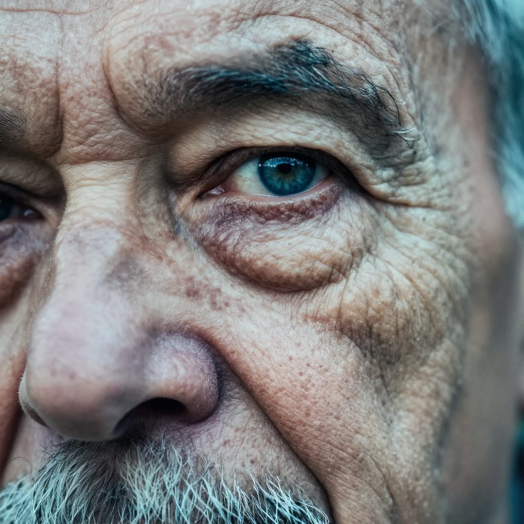 A highly detailed close-up macro shot of an elderly man’s face, captured with a macro lens that emphasizes every texture of his weathered skin. The subject is positioned centrally in the frame, with his eye occupying the rule of thirds center, drawing immediate focus to his striking blue irises that reflect deep wisdom. His skin is textured with pronounced wrinkles, age spots, and fine lines that radiate from his forehead to his jawline, while a sparse white beard frames his face. The lighting is soft and natural, casting gentle highlights across his cheeks and forehead, revealing the subtle contours of his nose and the delicate curve of his lips. The background is completely out of focus, creating a shallow depth of field that isolates him in a moment of quiet contemplation. The cool color palette—dominated by cool tones of gray, blue, and pale yellow—enhances the somber and reflective mood, evoking a sense of timelessness and profound experience. The composition is tight and intimate, focusing solely on the man’s face, with no distractions from clothing or environment. The image conveys a serious, mature atmosphere, where every detail tells a story of long life, resilience, and quiet dignity.