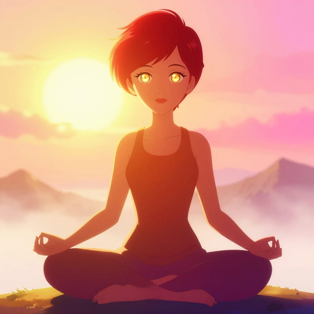 Extreme close-up illustration in early-2000s anime hybrid cel/digital style with bright saturated colors. The subject is a 50-year-old American woman with a neatly trimmed crew cut and striking, large eyes that capture intense focus. She is meditating in lotus position on a sun-drenched mountaintop at dawn, her body silhouetted against a gradient sky of warm golds and soft pinks. Clean digital gradients define the edges of her form and the surrounding landscape, while crisp character silhouettes emphasize her posture and serene expression. The scene is illuminated by a bright, direct light source from the upper left, casting sharp highlights on her face and hair, with soft shadows defining her features. The background features misty peaks and distant clouds rendered in subtle gradients, enhancing depth. The color palette is vibrant and saturated: rich crimson hair, pale skin with warm undertones, and luminous golds in her eyes. The hybrid style combines hand-drawn cel shading with digital precision, creating a polished, high-fidelity look with smooth gradients and crisp details. The overall atmosphere is calm, meditative, and transcendent, evoking quiet introspection and spiritual connection to nature.