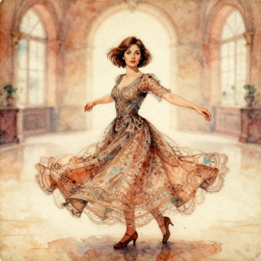 A hand-drawn ink-and-watercolor illustration captures a 45-year-old Cypriot woman from a worm’s eye view, her short choppy layers of hair catching the warm light as she twirls mid-motion in a vintage lace gown. Her round, expressive eyes meet the viewer with quiet confidence, framed by delicate folds of fabric that flare outward like delicate petals. The composition centers on her dynamic movement against an empty dance hall, its high ceilings and arched windows blurred into soft bokeh to emphasize the subject. Textured paper grain provides a tactile foundation, while subtle ink bleed and splatter add organic imperfections that lend authenticity. Warm antiqued colors—burnt ochre, deep terracotta, soft caramel, and muted teal—blend into soft gradients and uneven washes, creating a luminous, dreamy atmosphere. The lighting is soft and diffused, casting gentle shadows that enhance depth without harshness. The overall feeling is nostalgic and intimate, evoking a timeless moment of joy and elegance frozen in time.