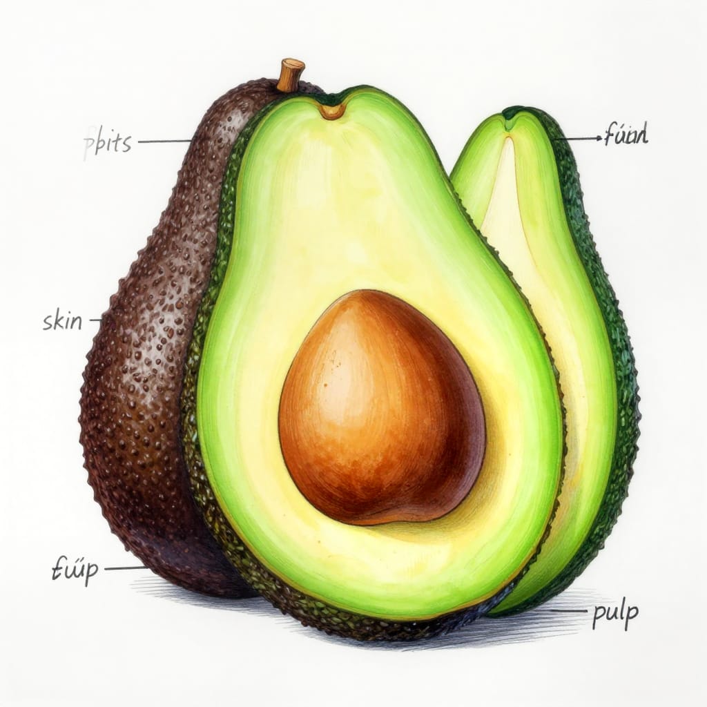 An illustrative diagram of a ripe avocado rendered on matte paper with precise hand-drawn lines and clean shading. The central subject is a ripe avocado, its elongated form divided into multiple cross-sectional views: a side profile showing the dark brown pit and textured skin, a top view revealing the broad, slightly pointed crown, and a vertical cross-section highlighting the soft green flesh and golden-brown pulp. Each part is labeled with clear, legible text in black, including 'skin', 'pits', 'flesh', and 'pulp'. The color palette features rich green for the flesh, deep brown for the skin and pit, pale white for the creamy pulp, and crisp black for outlines and labels. Even lighting from above creates a consistent, flat illumination that minimizes shadows and emphasizes clarity. The composition is tightly organized around the avocado, with minimal distractions, fostering an informative and structured atmosphere. The overall feeling is one of scientific precision and educational clarity, inviting detailed study of the fruit’s anatomy.