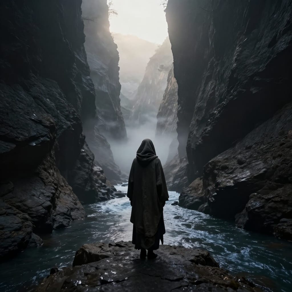 A solitary figure stands at the bottom of a deep, narrow canyon, silhouetted against a mist-laden sky. The rocky terrain, textured with weathered stone and jagged outcrops, stretches into the distance, framing the narrow stream of water that winds through the scene. The figure, cloaked in a weathered fabric, occupies the center of the frame, its form softened by the diffused light that filters through the mist. The composition is layered: the mist envelops the lower canyon walls, creating a sense of depth as the stream leads the eye upward toward the figure. Lighting is soft and directional, with a gentle glow from scattered sunlight breaking through the clouds, casting faint highlights on the figure’s cloak and the water’s surface. The color palette is dominated by deep grays, charcoal blacks, and muted earth tones, punctuated by the subtle white of mist and the cool blue of the stream. The image is a photograph, capturing natural textures—cracked rock, rippling water, and atmospheric haze—with no visible brushwork. The dark realism style emphasizes realism and emotional weight, evoking a mood of solitude, introspection, and quiet mystery. The overall feeling is one of contemplative stillness, as the lone figure stands at the threshold of an unfathomable world.
