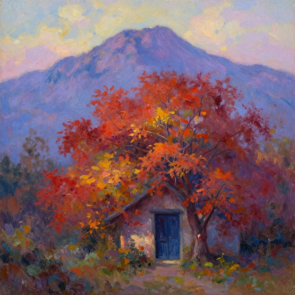 A serene Impressionistic oil painting on canvas depicts a quaint house nestled beneath a vibrant autumn tree, its branches adorned with warm reds, oranges, yellows, and purples. The house, partially obscured by the tree’s canopy, features a dark blue door and a rustic charm that draws the eye into the scene. In the background, a majestic mountain rises against a soft, diffused sky, its contours softened by gentle clouds that enhance the tranquil atmosphere. The composition balances the foreground tree and house with the distant mountain, creating depth through layering and atmospheric perspective. Soft, diffused lighting—suggesting late afternoon or early morning sun—casts a warm glow across the scene, highlighting the interplay of light and shadow. The color palette is rich and harmonious: cool blues and purples in the mountain and sky contrast with the fiery warmth of the tree’s foliage, while the house’s dark blue adds a subtle anchor to the composition. The brushwork is loose and expressive, with broad strokes capturing the essence of the scene rather than precise details. The overall feeling evokes peace, tranquility, and a sense of enchantment, inviting the viewer into a quiet, idyllic moment of nature's beauty.