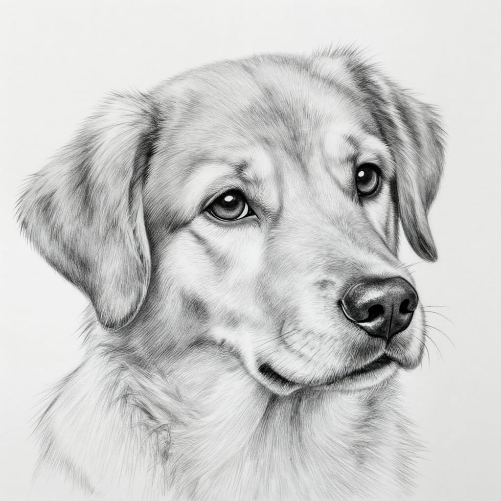 A detailed monochromatic pencil drawing of a dog's head and neck rendered with fine lines and shading that create a lifelike, textured appearance. The realistic style features expressive eyes with deep black pupils and soft white highlights, floppy ears with distinct fur texture, and a slightly melancholic yet tender expression. The composition focuses tightly on the face and upper neck, capturing subtle facial features like a gentle smile or contemplative gaze. Even, soft lighting illuminates the fur without harsh shadows, enhancing depth through varied shades of gray. The black and white palette uses delicate gradations to convey texture, from the smoothness of skin to the coarse grain of fur. The artwork balances realism with a soft, whimsical charm, evoking a sense of quiet warmth and gentle affection.