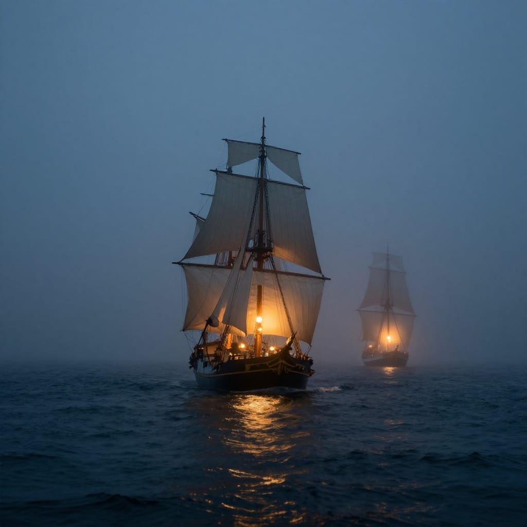 A wide-angle panoramic view captures two majestic sailing ships navigating through a dense, foggy sea at night. The ships, positioned centrally with the larger vessel in the foreground and the smaller one receding into the background, are illuminated by warm, golden lanterns that cast soft glows across their masts and sails. The fog blankets the horizon, diffusing light and creating a sense of isolation and mystery. The water reflects the lanterns' light, producing shimmering ripples that trace the movement of the ships through the sea. A wide-angle lens captures the expansive scene with subtle distortion at the edges, emphasizing depth and atmosphere. The cool color palette of deep blues and grays contrasts with the warm amber glow of the lanterns, enhancing the moody, suspenseful mood. The fog obscures distant shapes, focusing attention on the ships' intricate details—multiple masts, billowing sails, and the rhythmic motion of the water. The scene is dynamic yet serene, evoking a sense of adventure and quiet tension beneath the surface.