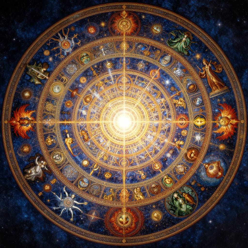 A detailed and intricate circular artwork depicting The Wheel of Time, rendered in a mystical Renaissance or Medieval style on a richly textured circular canvas. The composition is symmetrical and radial, with concentric circles radiating outward from a central focal point that glows with luminous light, symbolizing cosmic order and divine energy. Each ring contains layered symbols: mythological figures such as Norse gods, Hindu deities, and celestial beings; astrological symbols like zodiac signs and planetary orbs; and symbolic elements such as lotus flowers, phoenixes, and mandalas. The central motif is a luminous mandala or cosmic wheel, its edges adorned with intricate geometric patterns and celestial motifs. The brushwork is fine and detailed, with each symbol rendered in rich, hand-painted strokes that emphasize depth and texture. The color palette is vibrant and symbolic: deep indigo and golds represent eternity and royalty; fiery reds and emerald greens symbolize life and growth; silvers and whites glow like celestial light. The lighting is dramatic, with a central radiant glow that draws the eye inward, creating depth and reverence. The overall feeling is enigmatic and awe-inspiring, evoking wonder at the interconnectedness of time, fate, and the divine.