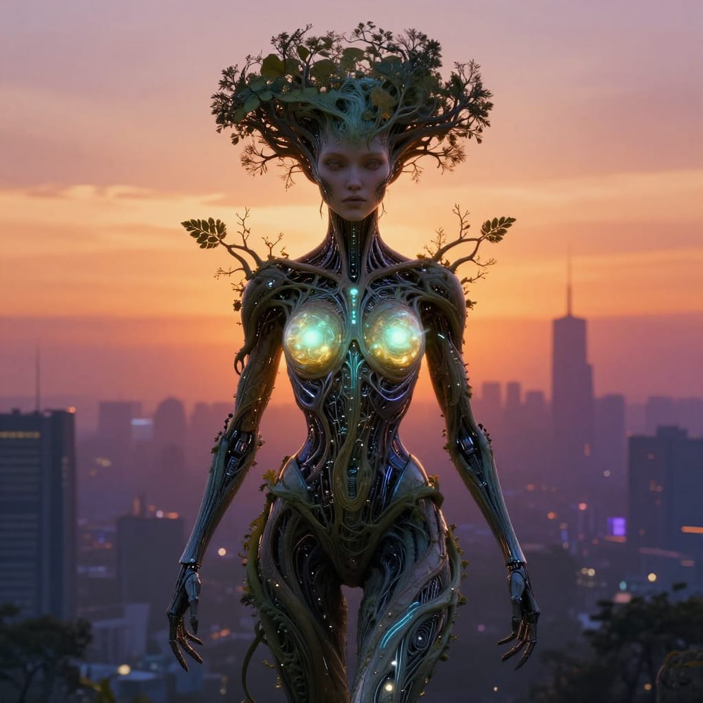 A surreal, cybernetic humanoid figure named 'Alien Tree Woman' stands in a digitally rendered landscape, her form seamlessly merging organic and mechanical elements. Her humanoid body is draped in a bioluminescent, vine-like texture that intertwines with her skin, while her head features a tree-like crown with branching foliage extending from her shoulders and chest. Her torso is composed of a hybrid structure: a smooth, metallic exoskeleton beneath her organic form, adorned with intricate web-like circuitry patterns and glowing nodes that pulse faintly. She has elongated mechanical appendages on her arms and legs, each tipped with delicate, leaf-like sensors that catch the light. Her breasts are replaced by soft, bioluminescent orbs that emit a gentle glow, while her facial expression is neutral yet enigmatic, with eyes that reflect both mystery and curiosity. The subject is centrally positioned in a vast cityscape at sunset, where towering skyscrapers fade into a gradient of warm orange and deep violet skies. The background features a serene yet distant horizon where trees and city lights blend in a dreamlike haze. Subtle, diffused lighting from the setting sun bathes her in a warm, golden hue, while soft highlights along her metallic limbs and organic skin create a luminous contrast. The color palette is rich yet balanced: deep grays and blues form the base of her mechanical frame, while her tree-like features exhibit earthy greens and muted browns, accented by the warm orange glow of the sunset. The artwork is rendered in high detail with a flat digital surface that emphasizes crisp textures and layered depth, capturing both the organic fluidity of her form and the precise geometry of her cybernetic design. The overall atmosphere is one of quiet wonder and enigmatic beauty, where nature and technology coexist in a harmonious yet otherworldly balance.