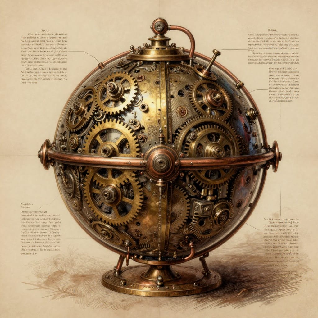 A detailed steampunk-inspired mechanical sphere rendered in a richly textured illustration on fine, aged paper, capturing intricate Victorian-era machinery with brass gears, copper pipes, and polished metal components. The sphere’s surface is rendered with fine brushwork and subtle shading to highlight mechanical complexity, revealing delicate interlocking parts and reflective surfaces. Labeled diagrams and text surround the device, arranged in a symmetrical composition that suggests an instructional or educational context, enhancing its purposeful design. The central focus is centered against a muted sepia background featuring soft washes of brown and gold, creating a warm, nostalgic aesthetic. Even, diffused lighting from above casts gentle highlights on the curved surface and metallic elements, while soft shadows define the sphere’s three-dimensional form. The color palette is dominated by sepia tones with metallic accents of gold and brass, creating a harmonious blend of warmth and precision. The overall feeling is one of curious wonder and whimsical ingenuity, where mechanical intricacy meets a touch of playful fantasy in a timeless, handcrafted illustration.