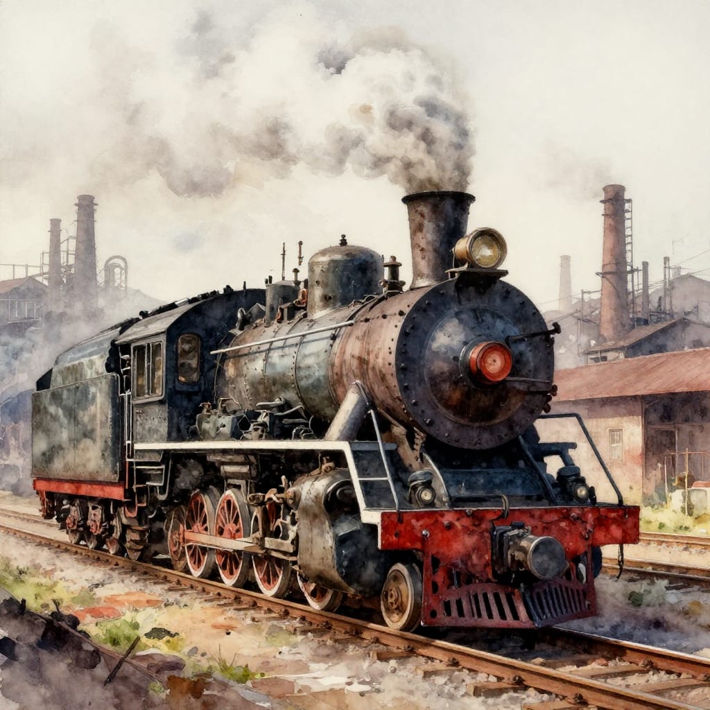 A detailed watercolor painting of a vintage steam locomotive, its massive iron frame and intricate mechanical parts rendered in fine brushwork with subtle texture. A thick plume of white steam curls upward from the smokestack, catching the soft natural light that highlights its metallic sheen and soot-streaked surface. The locomotive is centrally positioned on a broad track bed, leading into a layered industrial landscape: distant factory chimneys rise in muted gray against a pale sky, their smoke merging with the steam in the air. The foreground features the locomotive’s detailed rivets, wheels, and coal-fired firebox, while the midground reveals tracks winding into the distance. The background is dominated by earthy browns, grays, and muted greens of the railway station and surrounding industrial structures. Accents of deep red paint on the locomotive’s boiler and cab add warmth to the otherwise somber palette. The lighting is soft and directional from above, casting gentle shadows that emphasize depth and form. The overall atmosphere evokes the quiet power and motion of the industrial revolution era with a nostalgic touch of vintage artistry.