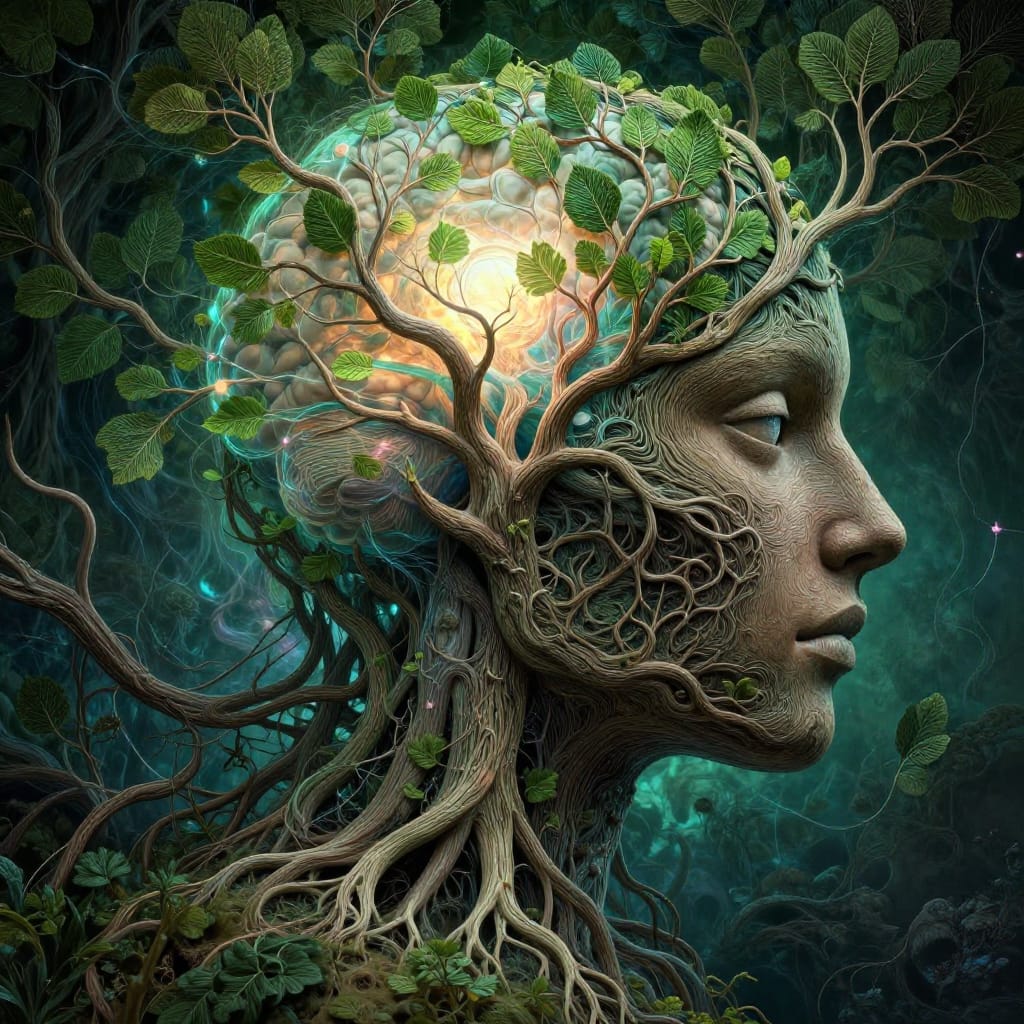 A surreal, conceptually layered digital art illustration of a human head rendered in intricate hand-drawn textures. The subject is a side profile of the face where tree-like branches merge seamlessly into the skull, their leaves forming intricate patterns across the brow and temples. Roots extend downward from the jawline into lush, organic earth, their tendrils twisting like veins through the ground. The brain itself is depicted as a glowing, pulsating orb at the base of the cranium, radiating soft light that interacts with the surrounding foliage and roots. Subtle, ethereal lighting emanates from within the glowing elements, casting a gentle glow that highlights the texture of bark-like skin, the veined leaves, and the delicate filaments of light. The color palette is rich and harmonious: dominant greens and browns form the earthy base, while cool blues and teals infuse depth into the roots and brain. Accents of warm yellow and soft pink illuminate specific nodes along the branches and glint on the surface of the glowing orb. The composition balances symmetry with organic growth, creating a dynamic, immersive scene that feels both intimate and transcendent. The overall feeling is one of quiet wonder and deep introspection, evoking a mystical connection between the human mind and the natural world.
