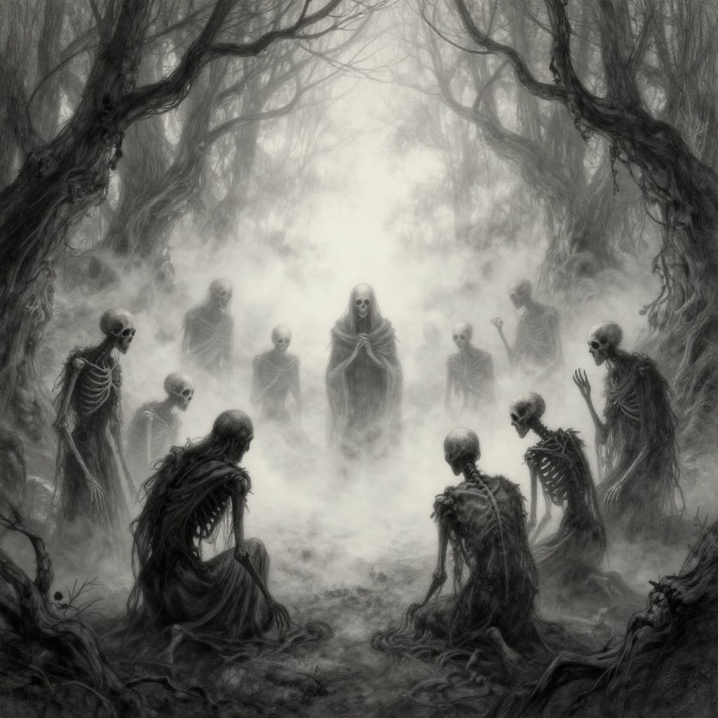 A dark fantasy illustration on textured paper depicts a group of skeletal figures gathered in a misty forest. The figures—some standing with hollow eyes and elongated limbs, others kneeling in quiet contemplation—stand in a semi-circular formation, their forms partially obscured by swirling fog that clings to the gnarled tree trunks and gnarled branches. The composition layers depth through foreground mist, midground figures engaged in a silent ritual, and background forest canopy shrouded in soft, diffused light that bathes the scene in a somber, melancholic glow. The brushwork features intricate pencil shading, creating subtle texture on skin, bone, and fabric, with fine lines defining the delicate edges of the figures’ forms. The monochromatic palette—dominated by grays, whites, and muted shadows—enhances the eerie atmosphere, while the soft lighting and misty backdrop evoke a sense of mystery, reverence, and quiet dread. The overall feeling is one of haunting stillness, where the supernatural lingers in shadow and silence.