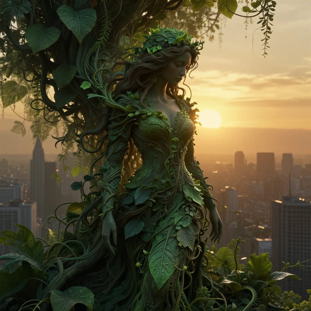 A woman enveloped in an intricate network of lush green foliage and climbing vines, her form partially obscured by thick leaves and tendrils that merge seamlessly with her silhouette. She stands at the center of a dynamic composition against a breathtaking city skyline bathed in the warm golden glow of a setting sun, casting long, soft shadows that dance across the scene. Rendered in a digital art style with hyper-detailed textures capturing every leaf’s veining, each vine’s curl, and the subtle sheen of dew on petals. The brushwork or sculptural detail is richly layered, evoking organic fluidity and naturalistic depth. Composition balances the organic intimacy of the woman with the vast urban landscape, creating a surreal juxtaposition where nature and city coexist in harmony. Lighting is soft and diffused from the sun behind her, highlighting the interplay of light and shadow across her form and the foliage. The color palette is dominated by deep forest greens, earthy browns, and rich emerald tones, with the warm amber and golden hues of the sunset providing a luminous contrast that enhances depth and atmosphere. The overall feeling is one of mystical wonder, blending the organic beauty of nature with the quiet grandeur of the urban world, evoking a sense of timeless transformation and quiet magic.
