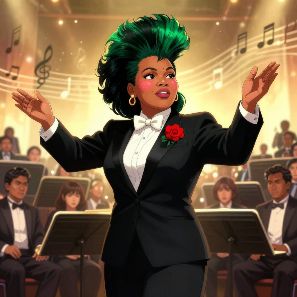 An anime-style illustration depicting a 35-year-old Fijian woman with vibrant Mohawk hair and softly rounded, expressive eyes, standing as a conductor in a classic black tuxedo adorned with a white bow tie and a subtle red rose boutonniere. She gestures passionately over an orchestra of musicians in the midground, their faces illuminated by warm, ambient stage lighting that casts soft highlights on her skin and tuxedo fabric. The background features a glowing, minimalist stage with abstract musical notes and a soft, starry sky behind the audience. The composition is balanced and dynamic, with layered brushwork emphasizing texture in her hair, fabric weave, and skin pores. The color palette features deep jewel tones—emerald greens, rich browns, and velvety blacks—contrasted by the warm golds of the stage light and the soft pinks of her blush. The overall atmosphere is one of vibrant energy, cultural pride, and artistic grace.