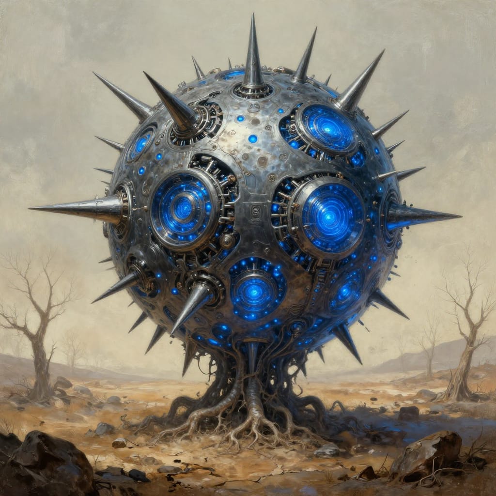 A highly detailed digital illustration of a massive, spiky mechanical orb with glowing blue lights embedded in its metallic surface, rooted to the ground in a desolate landscape. The orb features sharp, jagged spikes radiating outward from its core, with intricate mechanical components and glowing blue emitters creating a surreal, otherworldly glow. The root-like structures anchor it deeply into the soil, suggesting a fusion of technology and nature. The barren landscape consists of dry, leafless trees, scattered rocks, and cracked earth under a pale, overcast sky. The lighting is soft and diffuse, casting subtle shadows that enhance the three-dimensional depth of the scene. The color palette is dominated by muted earth tones—creams, grays, ochres—and contrasts with the vibrant blue lights that pulse from within the orb, creating a striking visual tension. The artistic style blends steampunk with cyberpunk elements, merging mechanical precision and organic decay. The brushwork is highly detailed, with fine textures on the metallic surface and realistic depiction of the desolate environment. The composition places the orb centrally in the frame, drawing immediate focus to its imposing presence against the vast, open horizon. The overall feeling evokes mystery, unease, and a sense of intrusion, as if an alien machine has taken root in a forgotten world.