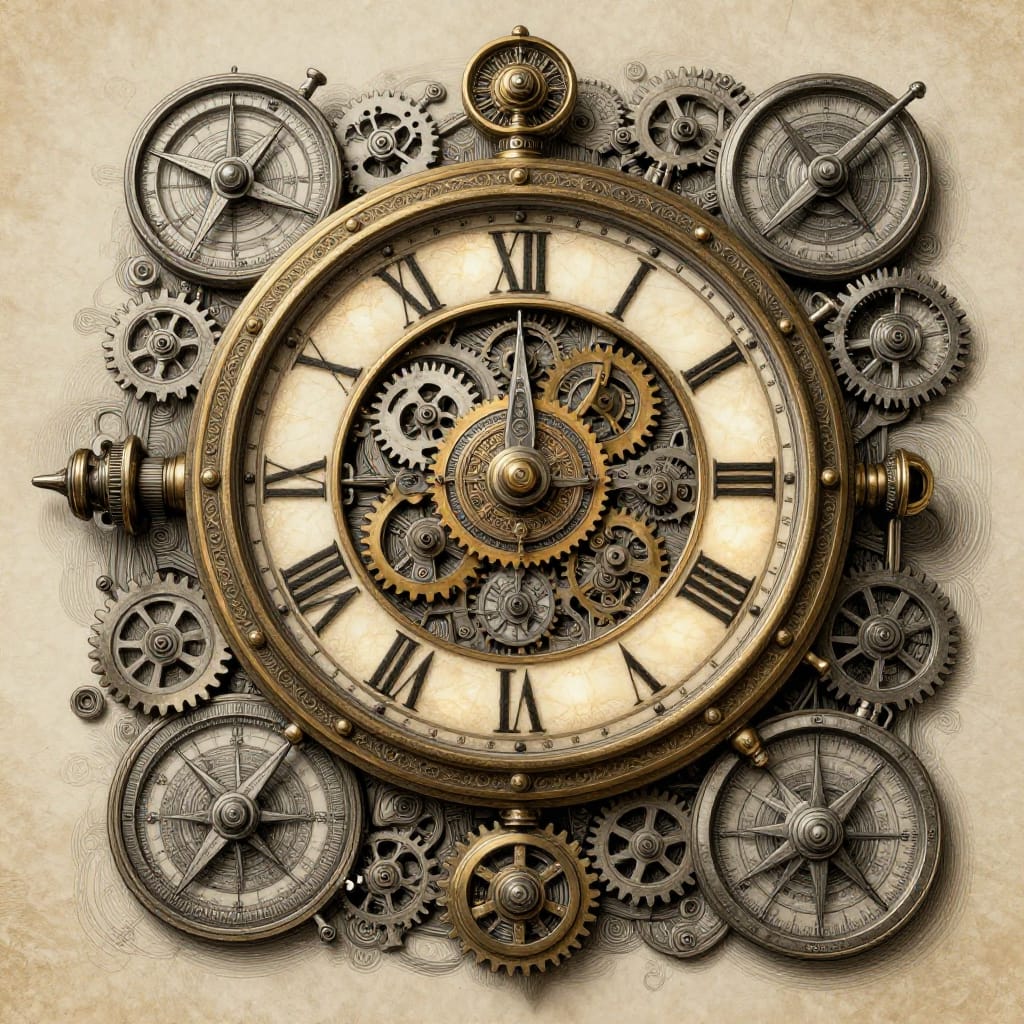 An intricate steampunk clock illustration rendered in high detail on textured paper, where every gear, cog, and piston is meticulously crafted to convey mechanical precision. The central clock features a complex array of interlocking gears and Roman numerals set within a brass framework, its face illuminated by evenly distributed light that highlights the texture of aged metal and polished enamel. Surrounding the clock are compasses with intricate needle mechanisms, lenses, and mechanical instruments arranged in a circular pattern, creating a layered composition of depth and complexity. The background is rendered in monochrome grayscale, with subtle tonal variations that enhance contrast and dimensionality, allowing the mechanical elements to emerge clearly against the warm, aged paper surface. The lighting is soft yet consistent, casting gentle shadows that emphasize the three-dimensional forms without overpowering the detailed textures. The overall atmosphere is mystical and enigmatic, evoking a sense of timeless wonder through the fusion of industrial craftsmanship and arcane design. Every element—from the delicate filigree on the clock face to the faint etchings on the compasses—contributes to an image that feels both meticulously crafted and deeply layered with hidden complexity.