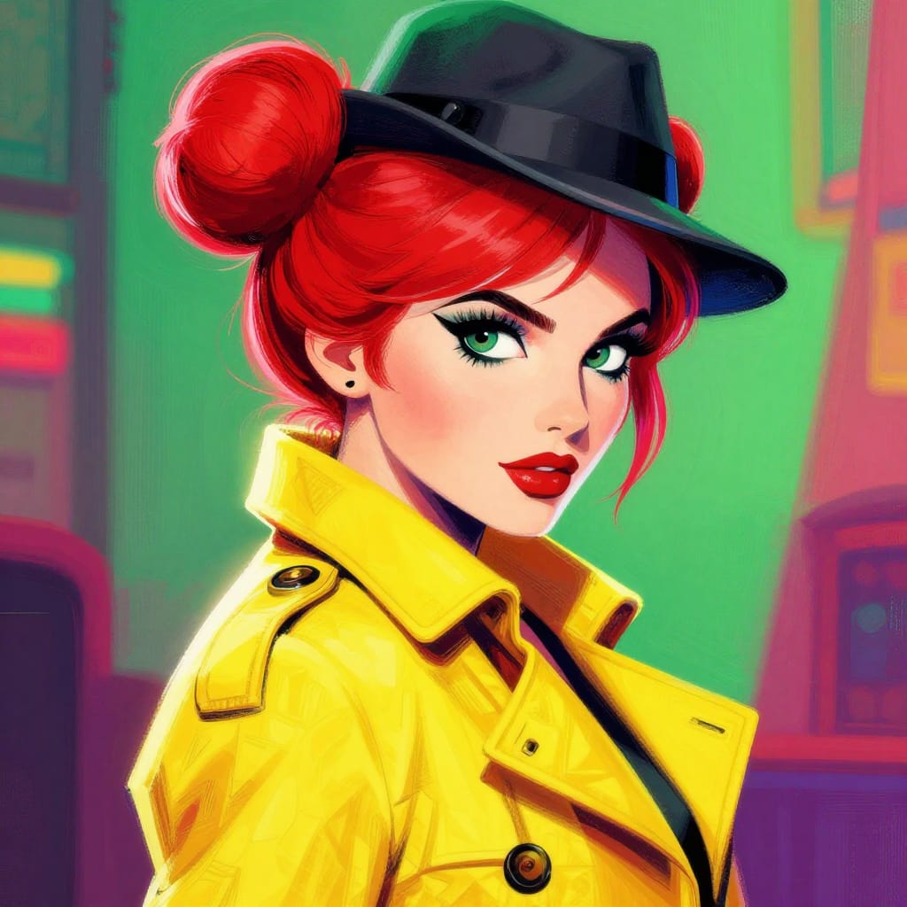 A vibrant pop art illustration depicting a 25-year-old Romanian woman in an over-the-shoulder shot, her head turned slightly to reveal her bulging, expressive eyes beneath a double bun of bold, flat-stroked red hair. She wears a classic detective’s trench coat in a bright yellow, patterned with geometric motifs, and a fedora peeking over her shoulder, its brim catching a soft glow. The composition centers her with the background softly blurred to emphasize her presence, while a bright, high-contrast key light illuminates her face and coat, creating sharp highlights on her eyes and skin. The surface is a matte digital illustration with visible brushstrokes and bold, stylized lines defining the shapes of her hair, clothing, and facial features. The color palette bursts with saturated reds, yellows, and greens, punctuated by pops of black and white for contrast. The overall artistic feeling is playful yet mysterious, blending the cheerful energy of pop art with the enigmatic charm of a detective’s gaze, evoking curiosity and a sense of hidden depth beneath the vibrant surface.