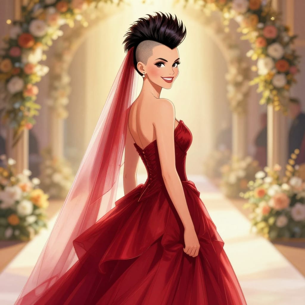 A 35-year-old Estonian woman with a striking Mohawk hairstyle and narrow, expressive eyes walks down an aisle in a flowing bridal gown, her face lit with a warm, radiant smile as she looks over her shoulder toward the viewer. Rendered in vibrant anime style with detailed brushwork and dynamic line art, the illustration features smooth gradients on her skin and hair, crisp outlines defining her figure, and delicate shading that emphasizes her facial features and gown. The composition centers her in the midground, framed by a softly lit aisle with a delicate floral arch and golden accents. Warm, directional light from the front-left creates a gentle glow on her dress and veil, casting soft highlights on her cheek and forehead while enhancing the depth of her expression. The color palette is rich and harmonious: deep crimson reds in her gown, soft peach tones on her skin, and golden highlights that mirror the ambient light. The overall atmosphere is one of joyful elegance and heartfelt celebration, blending traditional bridal themes with the expressive fluidity of anime art.