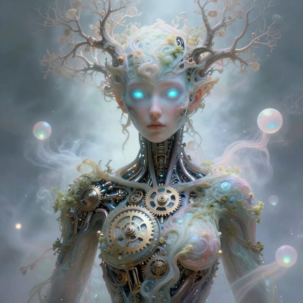 A hyper-detailed digital art piece depicting a human figure where mechanical and organic elements seamlessly merge. The subject’s torso is adorned with intricate clockwork mechanisms—gears, cogs, pistons, and delicate tree-like structures branching from the head—interwoven with smooth, flowing organic textures like vines and moss. Their eyes glow faintly with bioluminescent blue light, casting an otherworldly radiance. The skin is a luminous fusion of soft flesh and polished metal, catching subtle glints of light. Diffused illumination from floating, luminous orbs of soft pastel hues—pinks, blues, and whites—drift slowly through the air, casting gentle highlights across the subject’s form and creating a misty, dreamlike atmosphere. The background is filled with these orbs and drifting mist, adding depth and context to the scene. The digital rendering combines hyper-detailed precision with painterly brushwork, blending mechanical sharpness with organic fluidity. The color palette features muted pastels punctuated by metallic accents that reflect subtle glints of light. The composition centers on the subject, drawing focus to their hybrid form while the background orbs and mist enhance the sense of wonder. The overall feeling is one of mystical wonder and curious transcendence, where nature and technology dissolve into a harmonious, fantastical reality.