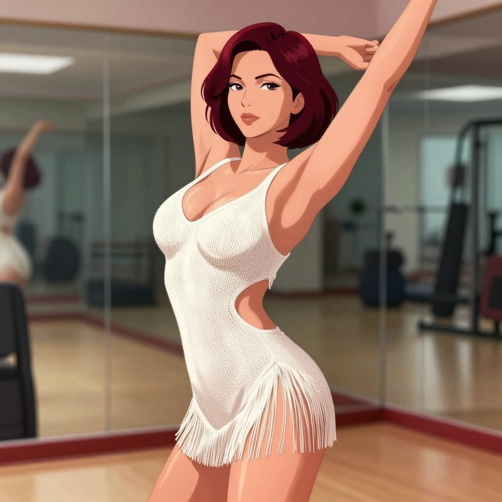 A 25-year-old Malaysian woman with athletic fit body, defined jawline, high cheekbones, and large bust featuring strong cleavage and realistic weight, posed stretching arms overhead in an arched back stance. She wears a white fringe knitted mini dress with backless design, plunging cowl neckline, and extremely high side slits revealing sideboob and upper thigh. Her Bob haircut is sharp and voluminous, with narrow eyes that reflect her confident expression. The anime-style illustration features bold outlines, expressive details, and vibrant color saturation. The scene is set in an empty gym with mirrors and workout equipment in the background, creating depth through reflective surfaces and layered space. The lighting is soft and even, highlighting her form with gentle highlights on skin and hair. The color palette includes warm peach tones for her skin, deep reds in her hair, and gold accents on the dress, creating a harmonious contrast that enhances her youthful energy and graceful presence. The composition balances dynamic pose with serene detail, evoking a sense of confidence, strength, and elegance in a stylized yet lifelike depiction.