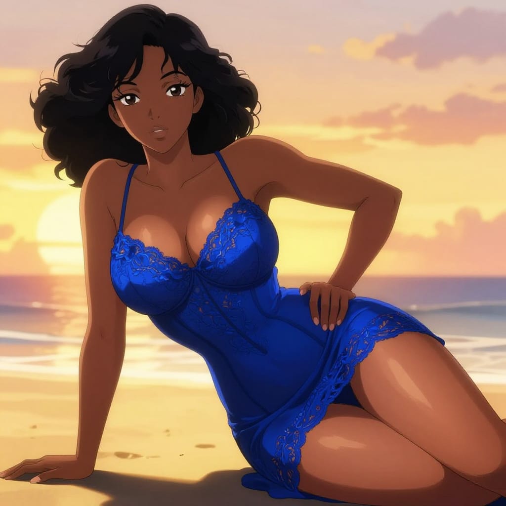 An anime-style digital illustration depicting a 25-year-old Bahamian woman with athletic, fit physique: slim waist, toned arms and shoulders, curving hips, and an extremely full, rounded bust with strong cleavage and realistic weight distribution. Her face features a soft feminine structure with defined jawline and high cheekbones, eyes wide and expressive with narrow slits framing large, luminous eyes. She wears a backless blue corset lace mini dress with a plunging cowl neckline, intricate lace detailing, and extremely high side slits that reveal sideboob and upper thigh. The composition places her lying on her stomach on a sunlit beach at sunset, propped up on elbows with one hand resting on her hip. The background features a warm, golden-hued sunset sky with soft gradient clouds and gentle waves. Lighting is dramatic, casting long highlights across her skin and emphasizing the texture of her dress. The color palette is vibrant and harmonious: deep blues for her dress, warm golds and oranges for the sunset, and rich jewel tones for her hair and skin. The anime style is characterized by clean, bold outlines, expressive facial features, and a dynamic composition that balances elegance with sensuality. The overall mood is confident, radiant, and deeply sensual, capturing a moment of quiet power and beauty under the golden glow of twilight.