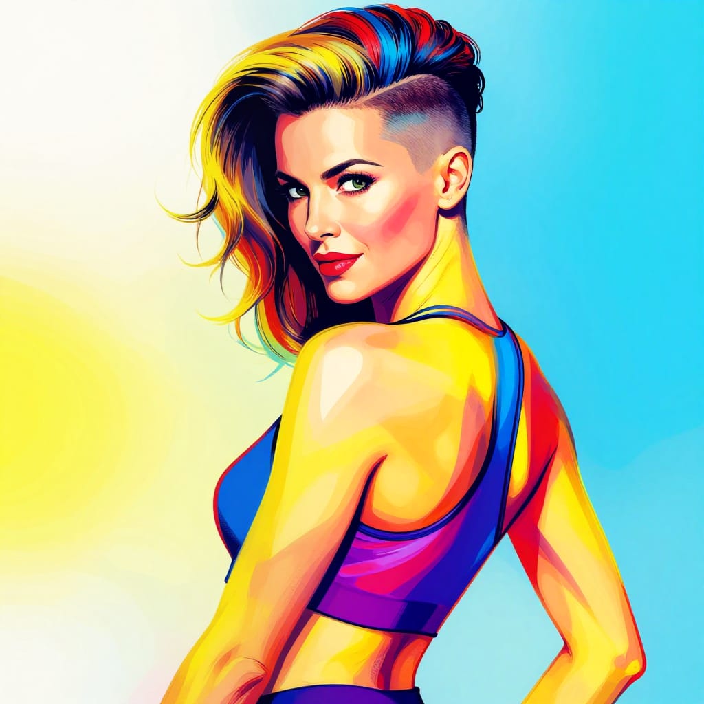 A dynamic over-the-shoulder shot of a 45-year-old Swiss woman in athletic wear, her side part comb-over hairstyle with high fade defining sharp symmetry across her face and shoulders. Her eyes are large, symmetrical, and luminous, framed by soft, voluminous hair cascading over her ears. The subject is rendered in a vibrant pop art illustration style, characterized by bold, graphic outlines, flat yet expressive color blocks, and exaggerated visual harmony. The composition places her legs and torso prominently in the foreground, with her athletic gear—likely a cropped top and leggings—highlighting form and movement. Lighting is bright and theatrical, casting strong highlights on her skin and hair to create a sense of energy and vitality. The surface texture is smooth yet digitally enhanced, with crisp lines defining facial features and clothing. The color palette bursts with saturated primary colors—electric blue accents, fiery reds, sunny yellows—and subtle gradients that add depth without sacrificing clarity. The overall atmosphere is joyful, confident, and stylized, embodying the exuberance of pop art through boldness and visual rhythm.