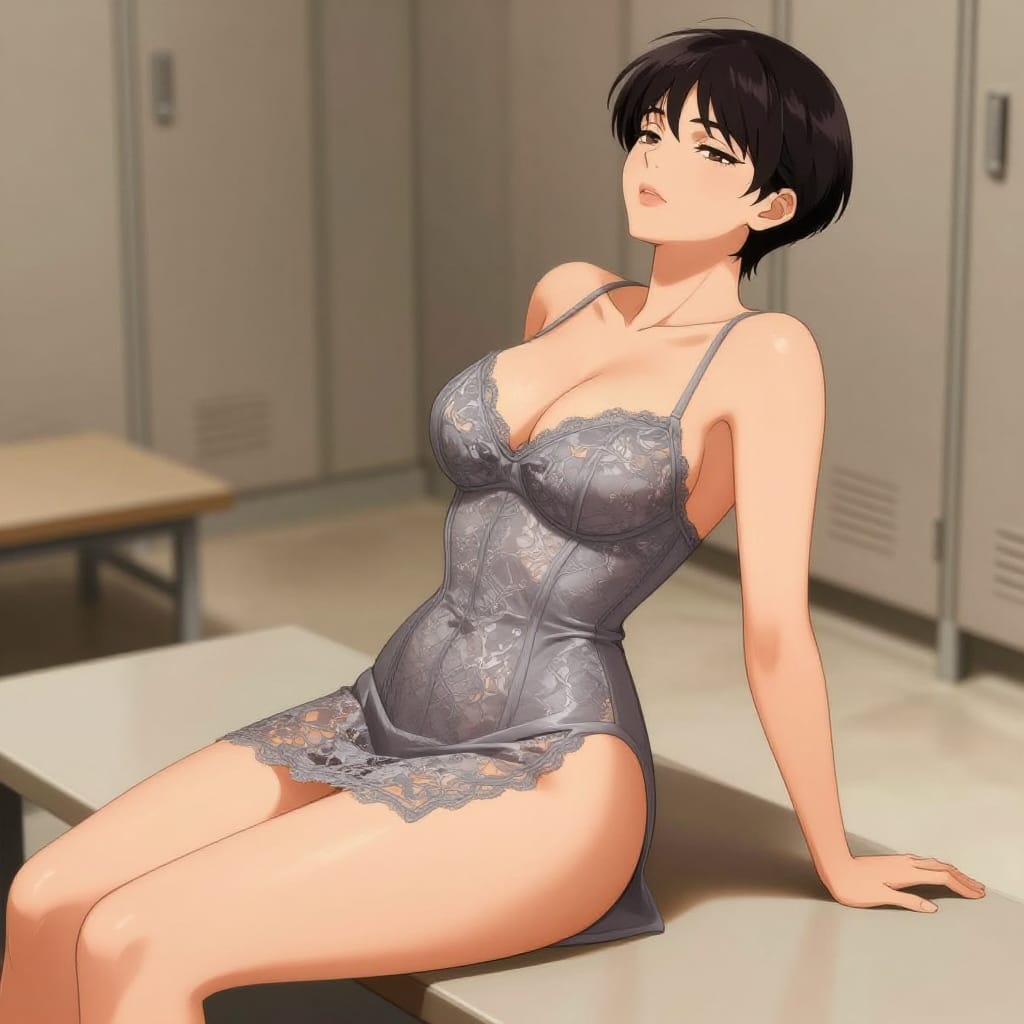 An anime-style digital illustration of a 25-year-old Honduran woman reclining on her back in an empty locker room. She wears a sleek grey corset lace mini dress with backless design, plunging cowl neckline, and extremely high side slits that reveal her sideboob and upper thigh. Her slim waist is perfectly defined, with toned arms and shoulders, curvy hips, and a very full chest with strong cleavage. She has a soft feminine face with defined jawline and high cheekbones, and her short, textured top pixie cut frames her narrow eyes. The scene is set in a minimalist locker room with lockers and benches in the background. The lighting is soft and diffused, casting gentle highlights across her skin and dress. The color palette features warm, natural tones with a soft grey dress contrasting against her warm peach skin and dark hair. The composition centers her figure with dynamic poses, emphasizing elegance, strength, and youthful vitality. The artwork combines detailed linework with expressive shading to capture both anatomical precision and emotional warmth.