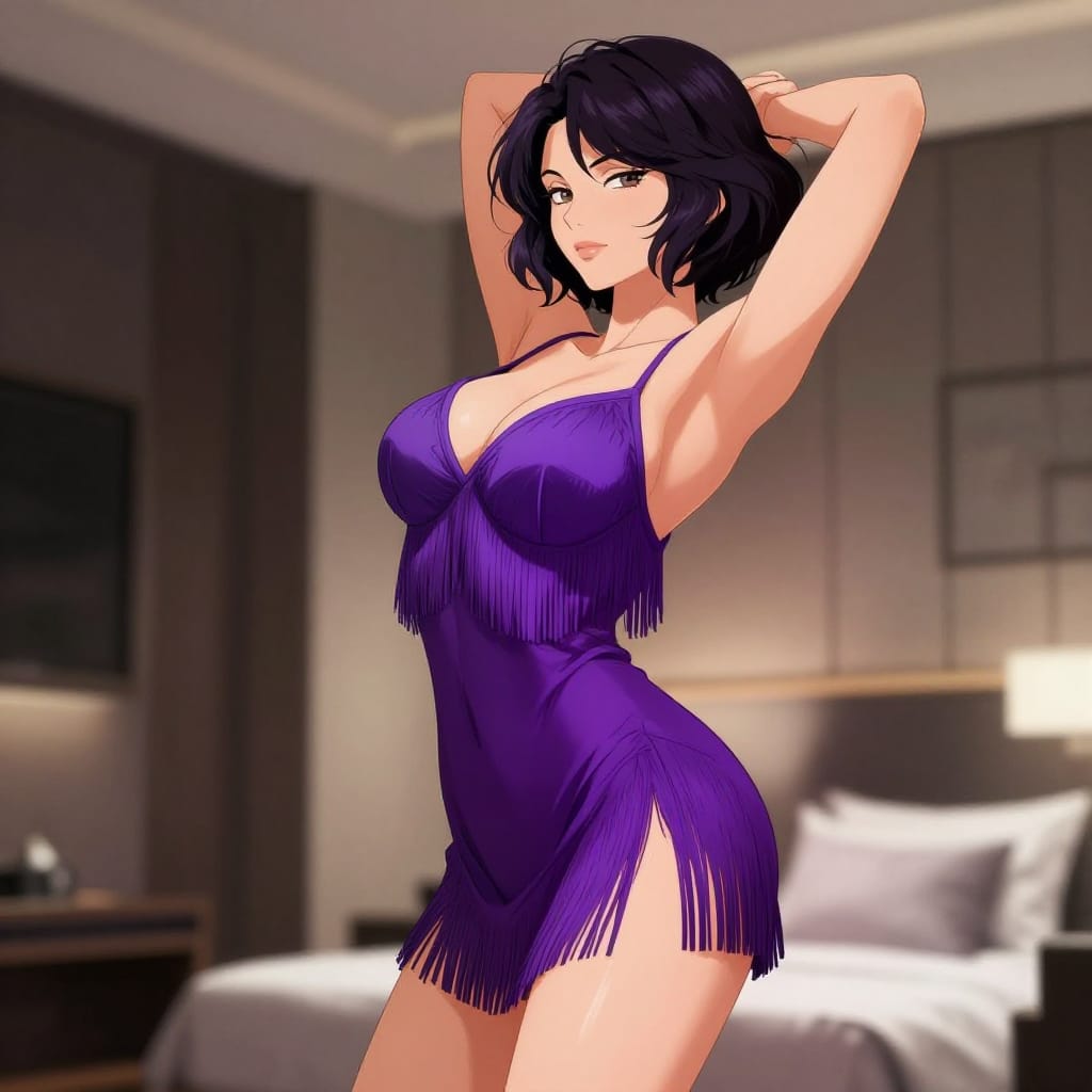 A detailed anime-style digital illustration of a 25-year-old Lithuanian woman with athletic physique, rendered in high-definition vector art on a smooth digital canvas. The subject features a slim waist, toned arms/shoulders, and curvy hips, with a very full chest and strong cleavage that emphasizes realistic weight and volume. Her soft feminine face is defined by a pronounced jawline, high cheekbones, and slightly slanted eyes, conveying warmth and vitality. She wears a backless purple fringe mini dress with a plunging cowl neckline and high side slits that reveal her sideboob and upper thigh, adding a sensual layer to her form. Her short wavy bob hair frames her face, catching light with delicate fringes. The pose is dynamic: she stretches her arms overhead in an arched back stance, exuding confidence and grace. The modern hotel-like bedroom setting features minimalist furniture and soft lighting that enhances the scene's elegance. The composition is balanced with a slight Dutch Angle tilt to the right, creating visual tension and depth. Lighting is soft and directional, highlighting the curves of her body and the textures of the dress. The color palette is vibrant: deep purples dominate the dress and hair, contrasted with warm skin tones and the subtle sheen of fabric. The artwork combines expressive anime features with precise linework and shading, resulting in a visually striking, emotionally resonant portrait that feels both timeless and contemporary.