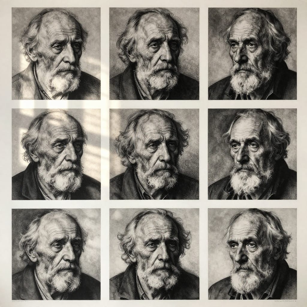 Six detailed black and white portraits of an elderly man arranged in a precise grid layout on archival paper. Each portrait captures distinct expressions and subtle variations in light and shadow, rendered through fine etching lines and charcoal textures that emphasize wrinkled skin, a weathered beard, and delicate facial contours. The man’s gaze is contemplative, with one portrait showing a solemn smile, another a furrowed brow in quiet thought, and a third with a soft, reflective stare. The background is minimal, allowing the subject to dominate the frame, while natural sunlight filters through a window in the foreground, creating soft highlights on his forehead and cheekbones. The etching technique produces crisp, linear detail with deep contrast, while charcoal adds organic texture to shadows and skin folds. The composition balances symmetry with subtle variation, evoking a sense of timelessness and quiet introspection. The overall atmosphere is serious and reflective, capturing the quiet dignity of age.