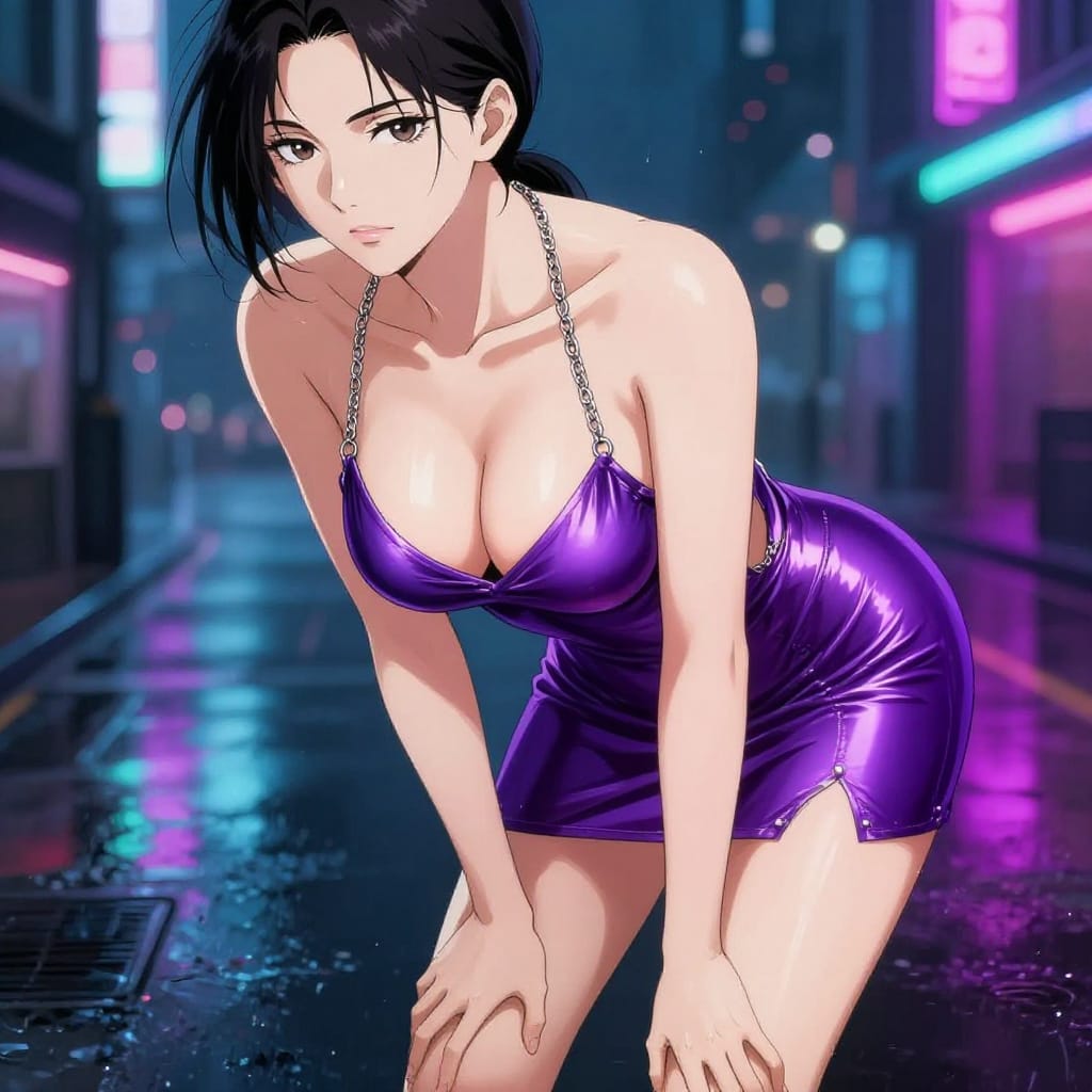High-angle anime-style digital illustration depicting a 25-year-old Taiwanese woman with athletic, fit physique: slim waist, toned arms/shoulders, curvaceous hips. Her soft feminine face features defined jawline, high cheekbones, and large expressive eyes with slightly slanted gaze. Her very full chest and strong cleavage are emphasized with realistic weight and volume. She wears a purple metallic chainmail mini dress with backless design, plunging cowl neckline, and extremely high side slits that reveal side boob and upper thigh. The pose is bent over at the waist, hands resting on ankles, creating dynamic energy. The setting is a rainy city street at night, where neon lights from buildings cast colorful reflections on wet pavement. The lighting is cool and moody, with ambient city glow blending into vibrant neon hues of blue, magenta, and green. The surface is a smooth digital canvas with high-resolution details. The art style combines anime precision with subtle realism, featuring bold outlines, expressive shading, and a luminous, cinematic atmosphere that evokes elegance, sensuality, and urban fantasy. The overall feeling is intimate yet powerful, capturing a moment of quiet allure against the city's nocturnal pulse.