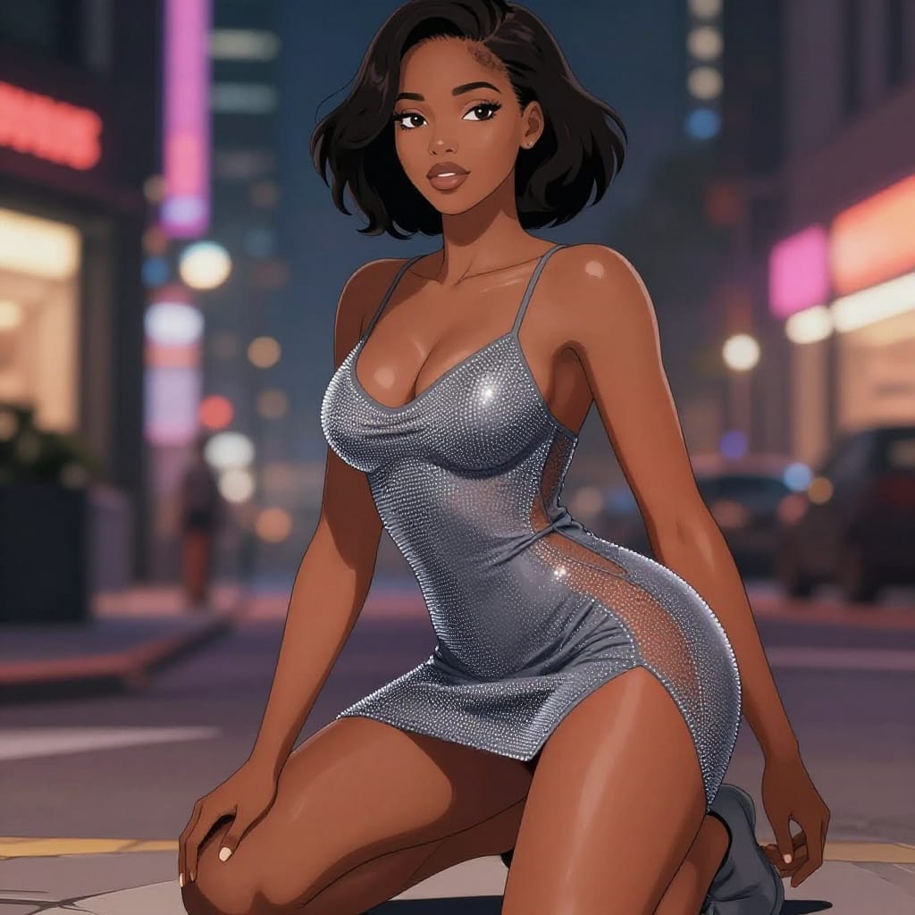 A 25-year-old Cameroonian woman depicted in a vibrant anime-style digital illustration, set against a city street at night. She has a soft feminine face with defined jawline and high cheekbones, large expressive eyes, and wavy short bob hair. Her athletic fit body features a slim waist, toned arms/shoulders, and curvy hips. She wears a backless grey rhinestone mesh mini dress with a plunging cowl neckline, extremely high side slits revealing sideboob and upper thigh, and minimal coverage. One knee is on the ground, the other bent, creating dynamic tension. The scene is illuminated by ambient city lights, neon reflections, and soft ambient glow, casting subtle shadows that define her form. The composition emphasizes her confident posture and radiant presence, with a color palette of warm skin tones, cool grey dress, and sparkling rhinestone highlights. The style combines anime clarity with cinematic depth, capturing urban elegance and youthful allure in a single striking moment.