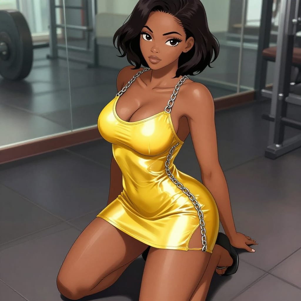 High-angle digital illustration of a 25-year-old Ghanaian woman with athletic fit body: slim waist, toned arms/shoulders, curvy hips. Soft feminine face with defined jawline and high cheekbones, large expressive eyes. Very large bust with strong cleavage, realistic weight and shape. Short wavy bob hair, large eyes. Wearing a yellow metallic chainmail mini dress: backless, plunging cowl neckline, extremely high side slits revealing sideboob and upper thigh. Posed with one knee on the ground and the other leg bent. Location: empty gym with mirrors and workout equipment. Anime style illustration with precise linework, vibrant color saturation, and dynamic lighting that highlights the metallic sheen of the dress and the smooth contours of her body. The composition emphasizes her confident presence from a high vantage point, blending athletic grace with elegant femininity.