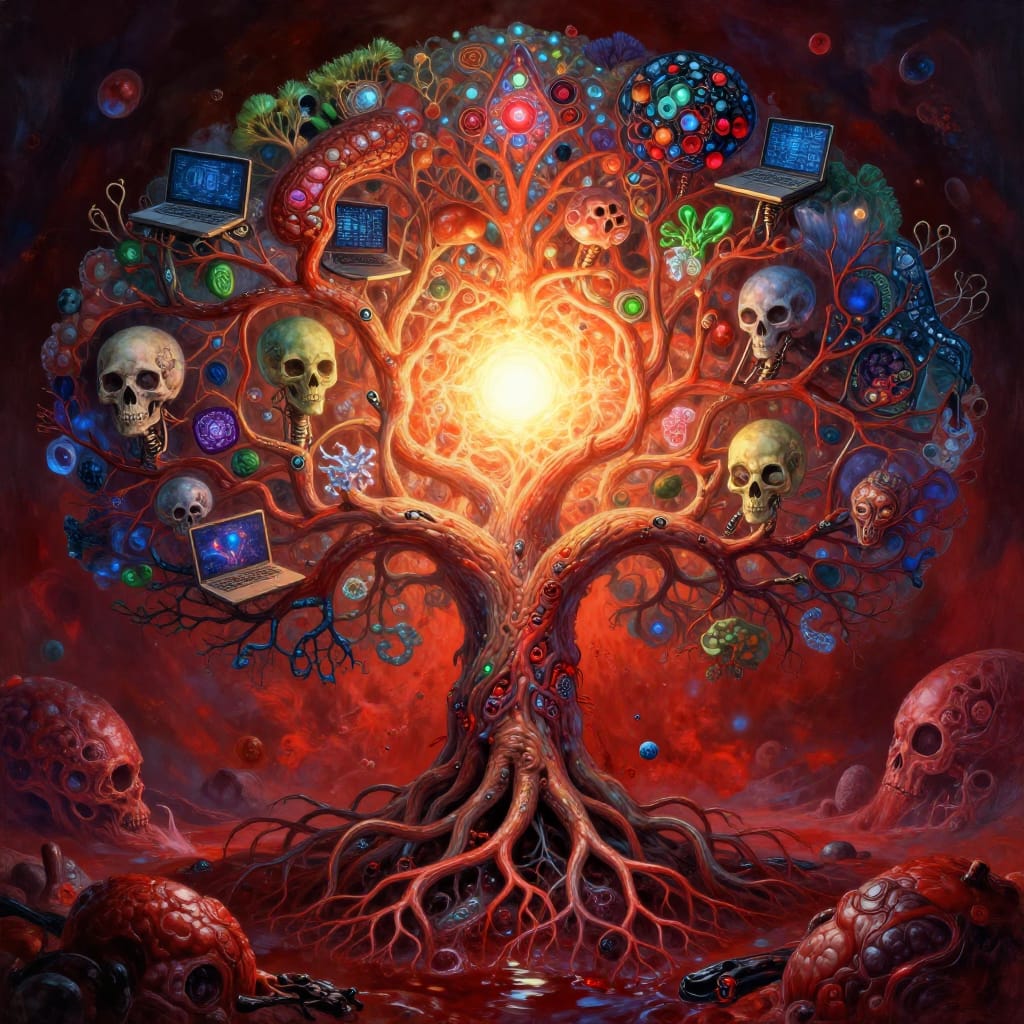 A surreal and intricate digital illustration of a colossal tree whose core glows with a radiant, central light source symbolizing life and technology merged. The tree’s branches extend outward like mechanical arms, each bearing symbolic elements: skulls, laptops, alien heads, biological organs, and crystalline data fragments. Its roots are embedded in a pool of blood and viscera, suggesting a fusion of organic life and synthetic form. Rendered with hyper-detailed brushwork, every element is precisely crafted to maintain balance and harmony across the layered composition. The central light casts dynamic shadows and highlights, creating depth and dimensionality. The color palette is rich and diverse: warm crimson reds, golden yellows, deep cobalt blues, and vibrant emerald greens interweave to produce a visually striking contrast. The artistic style blends surrealism with meticulous realism, evoking a contemplative atmosphere where biology and technology coexist in a delicate yet profound equilibrium. The overall feeling is one of wonder and mystery, inviting the viewer to reflect on the interconnectedness of life and innovation.