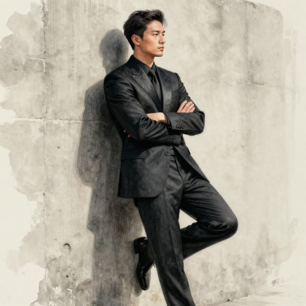 A man in a sleek, all-black suit leans against a textured concrete wall, arms crossed and one leg propped up, exuding relaxed confidence and quiet contemplation. Rendered in an ink-and-watercolor illustration on paper, the medium captures fine, detailed brushwork that creates subtle texture in the suit’s fabric and the wall’s rough grain. The composition places the subject off-center, drawing the eye to his poised posture while balancing the background with a soft, diffused natural light that casts gentle shadows and highlights the interplay between dark fabric and earthy concrete. The color palette features neutral, cool tones—deep charcoal, muted gray, and warm beige—that enhance the realism and depth of the scene. Notable details include the intricate embroidery on the suit’s lapel, the subtle sheen of the suit’s fabric under light, and the organic texture of the wall’s surface. The overall feeling is serene, stylish, and powerful—a moment of quiet strength captured in delicate yet precise artistry.