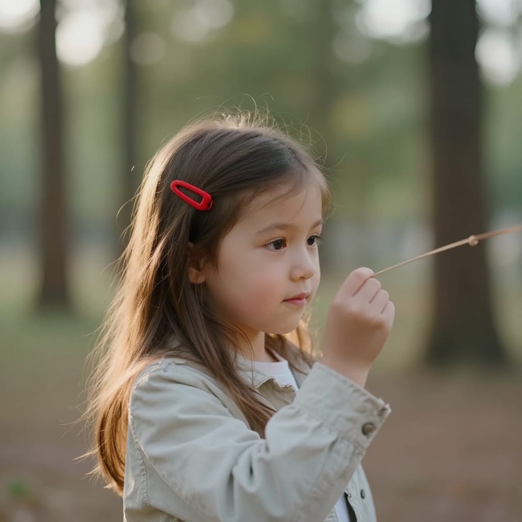 A close-up portrait of a young girl, positioned slightly off-center to the left according to the rule of thirds, as she holds a thin object—likely a stick or string—towards her face. Her long, light brown hair cascades over her shoulders, adorned with a bright red hair clip that catches the soft, natural light. She wears a light-colored jacket with a subtle white inner lining, its fabric slightly textured and worn at the edges. The background dissolves into a soft, out-of-focus blur of towering trees, suggesting a quiet woodland or park setting bathed in late afternoon sunlight. The lighting is warm, diffused, and gentle, casting a delicate glow across her face and highlighting the delicate contours of her features. A shallow depth of field isolates her from the surroundings, creating a dreamy, intimate atmosphere that emphasizes her expression of quiet curiosity and playful joy. The scene is still, yet imbued with a sense of calm and joyful exploration, as if she’s about to draw or spin something magical. The color palette is soft and muted—earthy tones of brown and green contrast with the bright red of her hair clip, while the light-colored jacket adds a touch of warmth and simplicity. The lens used is a standard or wide-angle, capturing the scene with natural perspective and a gentle distortion that enhances the sense of depth and serenity. The overall feeling is one of tranquil wonder, where a child’s innocent moment feels both timeless and tenderly observed.