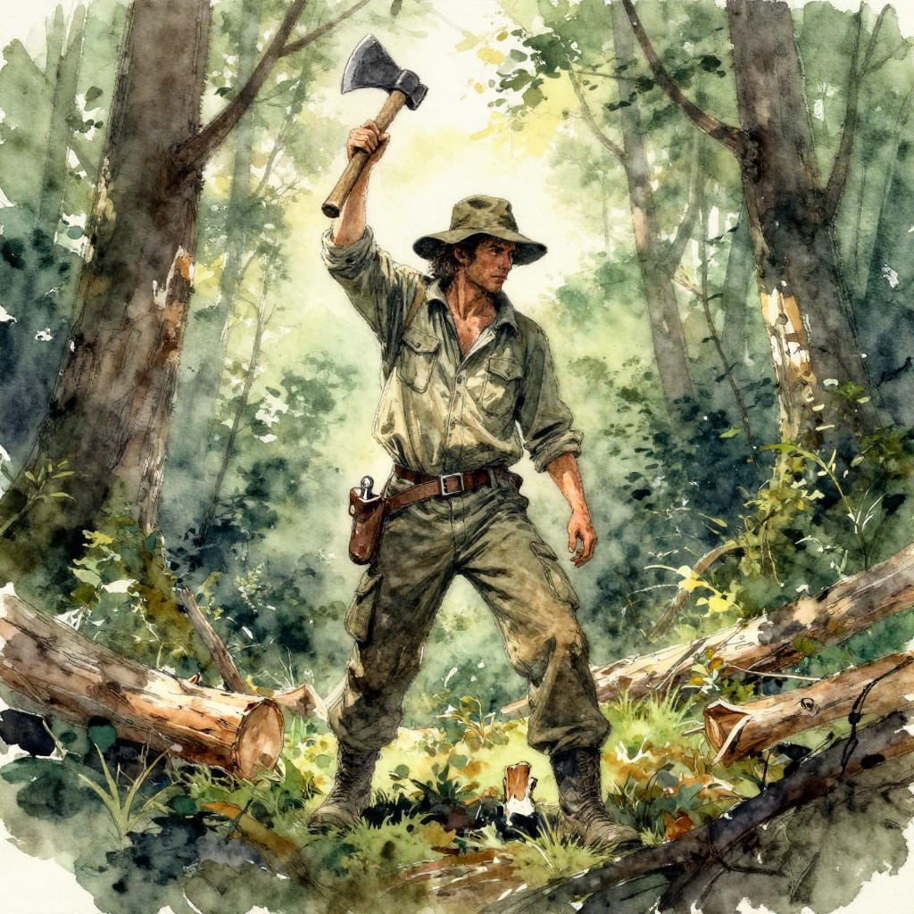 An ink-and-watercolor illustration of a rugged individual standing in a dense forest, his figure centered with dynamic energy. The man wears a wide-brimmed hat, a long-sleeved utility shirt, cargo pants, and sturdy boots; his belt holds a pouch and a flask, emphasizing readiness for labor. He raises a heavy axe above his head, its grain and weight captured with expressive brushwork. The forest background is lush with layered greens, soft browns, and patches of golden sunlight filtering through canopy gaps. Logs lie scattered across the forest floor, suggesting recent activity. The composition follows the rule of thirds, placing the man slightly off-center to the left, drawing the eye upward toward his raised axe. Soft, diffused lighting from an overcast sky creates gentle shadows and highlights the texture of the tree bark and fabric. The watercolor washes add depth and luminosity, while the ink lines define form with precision. The overall feeling is one of calm determination and rugged individualism, evoking a quiet strength rooted in nature’s embrace. The surface is matte paper with subtle texture, enhancing the organic feel of the scene.